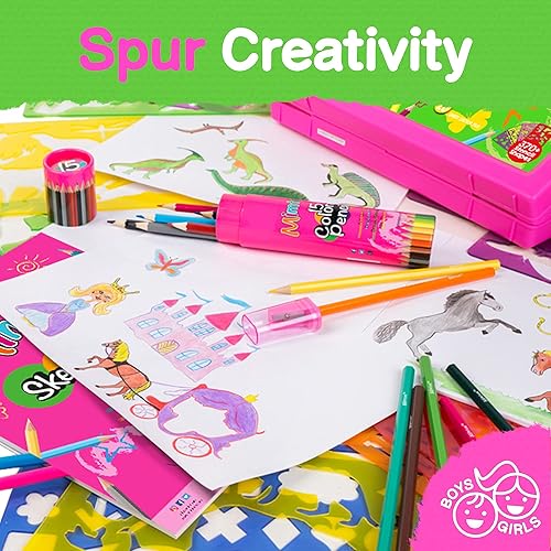 Miniatura 7 de Kit de plantillas de dibujo para niños, juego de 60 piezas de arte con más de 370 formas, bloc de bocetos y lápices de colores para manualidades y