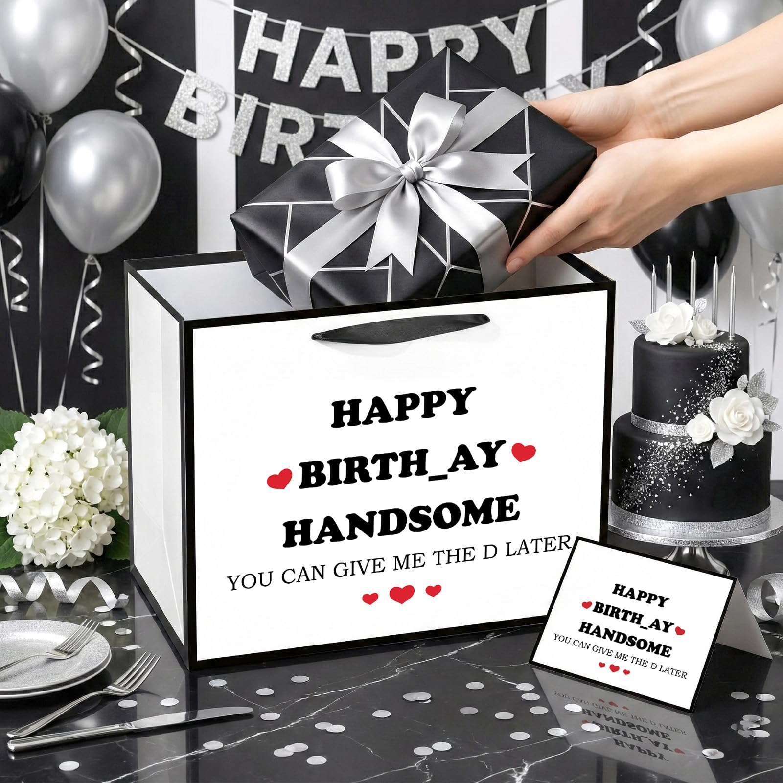 Funny Birthday Gift Bag for Men Boys Funny Gift Bag with Tissue Paper Greeting Card Happy Birthday Handsome Wrapping Bags for Men Husband Boyfriend Brother Retirement Party Decoration Supplies