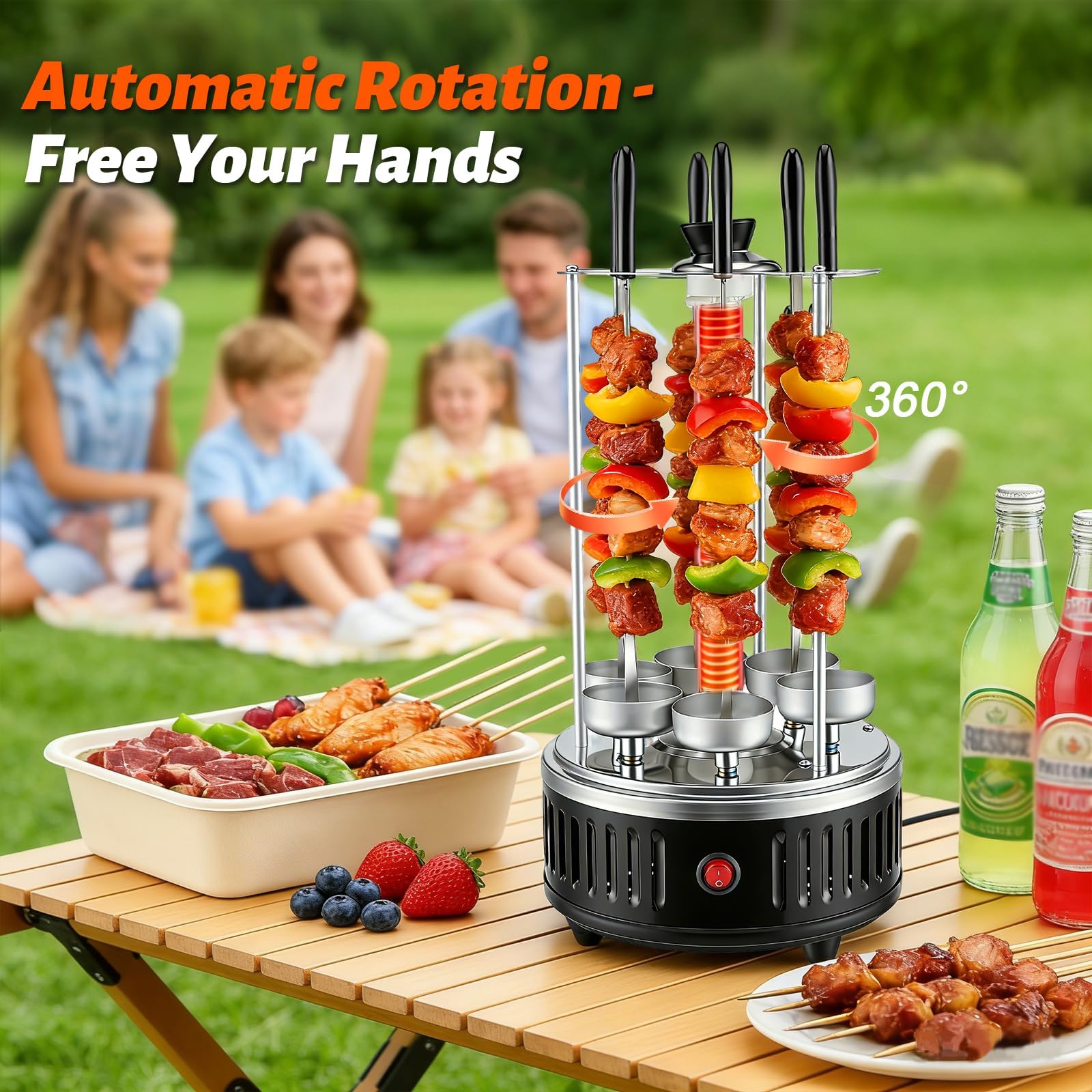 Elektrischer Schaschlikgrill für Balkon und Zuhause,1000W Vertikalgrill mit 12 Spießen & 2 Heizröhren, 500°C, 360° Rotation, Rauchfrei, Ideal als BBQ Tischgrill oder Dönerspieß-Grill, Zuhause, Balkon