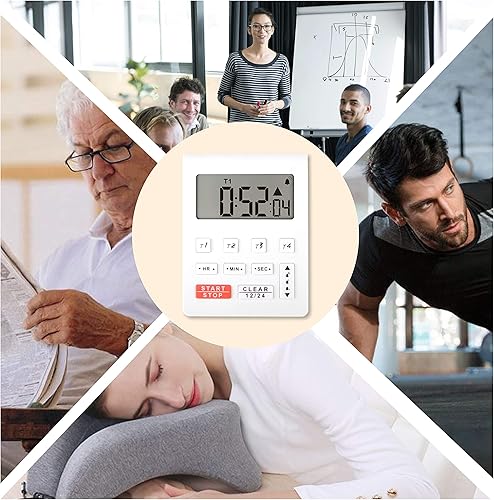Miniatura 3 de Runleader Temporizador digital de cocina de escritorio, 4 temporizadores de cuenta regresiva y cronómetros con reloj de 1224 horas, alarma de