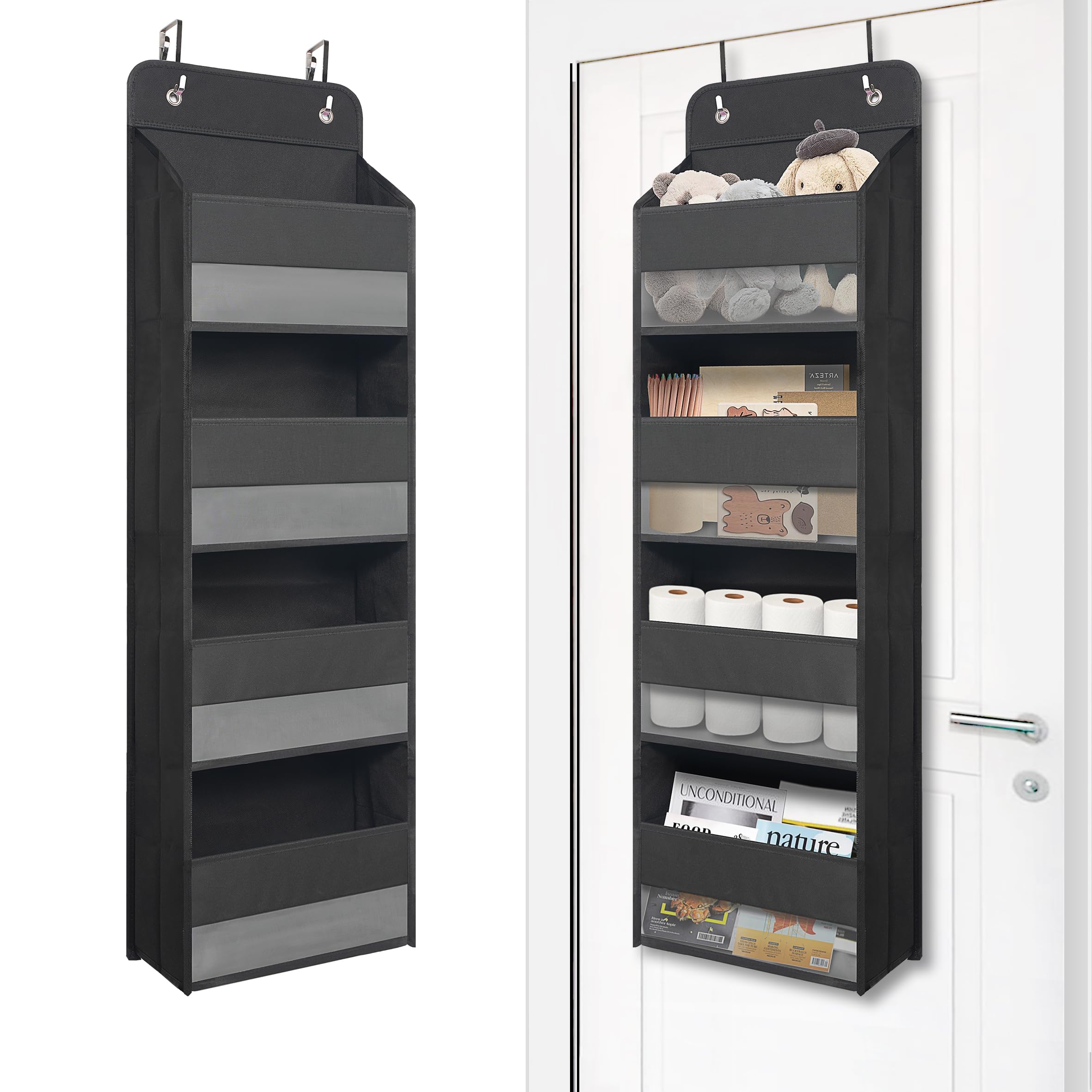 Giraffe Creation Black Over Door Organizer with 4 Front Pockets, Compact Hanging Door Storage for Bathroom, Dorm, Bedroom, Closet, Toiletries