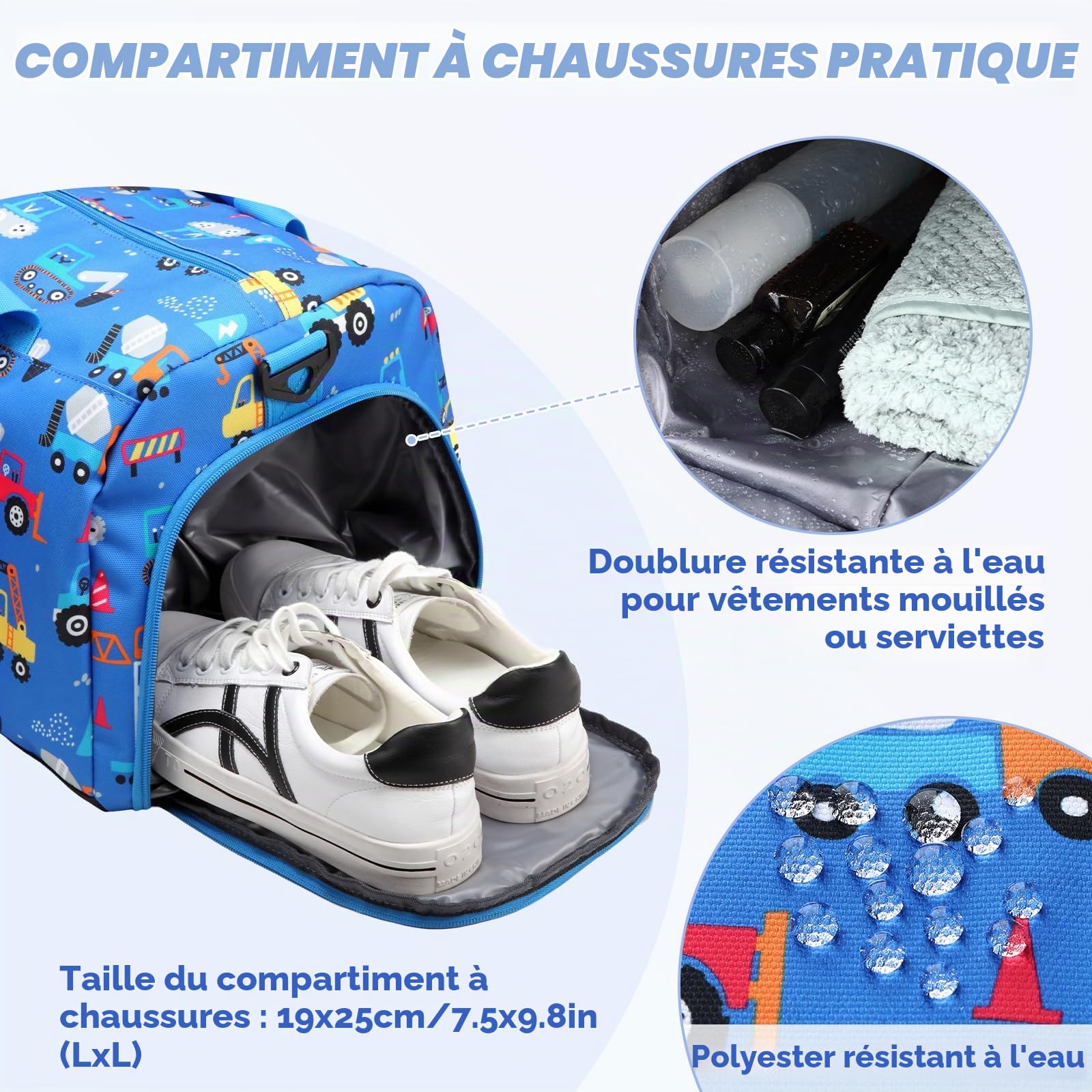 Sac de Voyage Enfant, 26,5L Grande Sac de Sport Garçon Fille Imperméable Sac de Bagage à Main Multifonctionnel avec Housse Bagage et Compartiment à Chaussures Camion Bleu