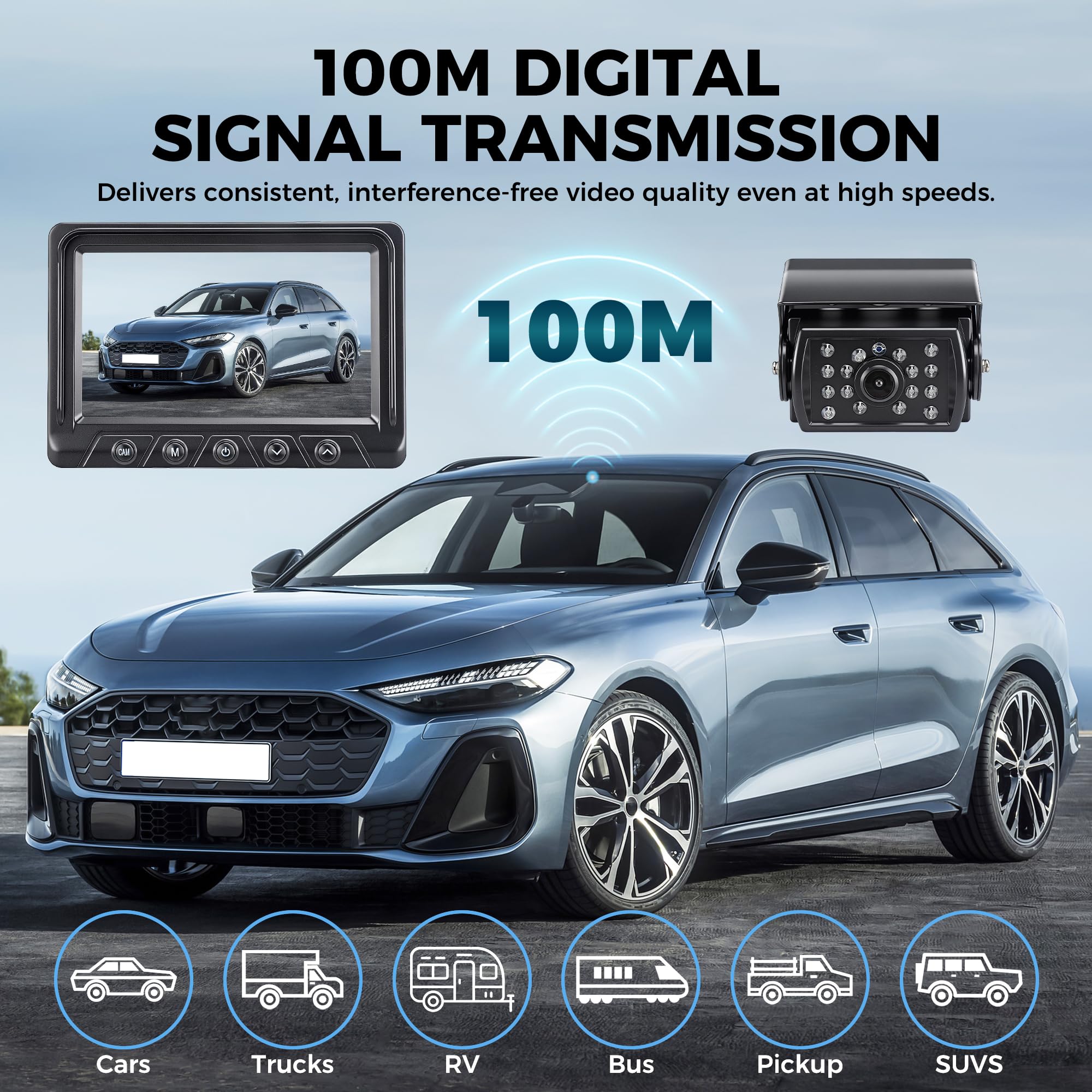 Kit de caméra de recul sans fil native 1080p avec écran LCD de 12,7 cm, caméra de recul HD, lignes de guidage de stationnement, vision nocturne infrarouge, étanchéité IP69K pour voiture