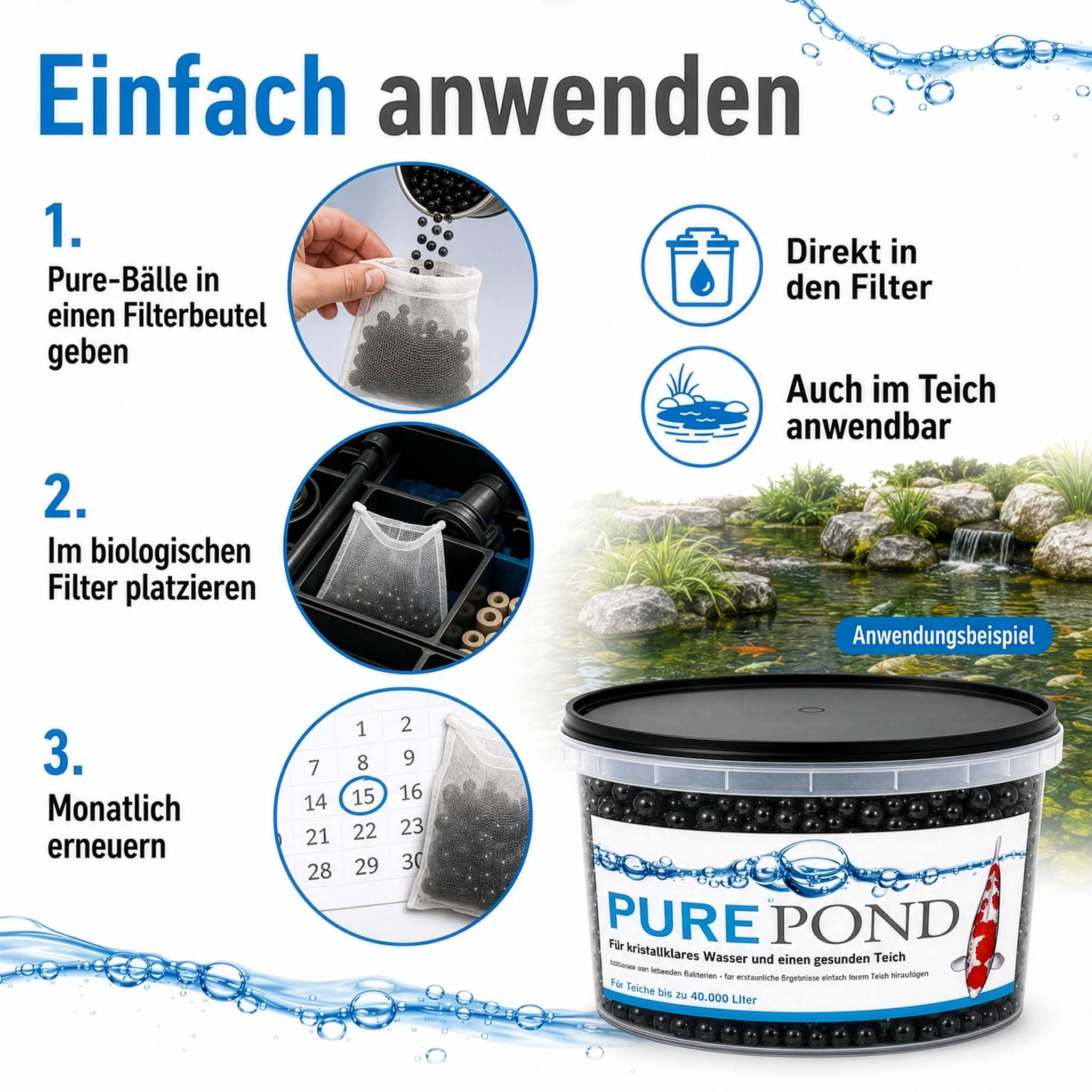Evolution Aqua Pure Pond 2000 ML - pour 40000 litres - bactéries et enzymes - pour Filtre Eau Filtration Entretien Bassin Aquarium - régulation des valeurs Ammoniac et Nitrite - aquariophilie
