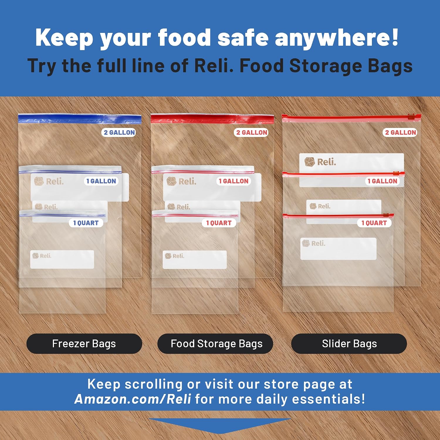 Reli. Gallon Food Storage Bags (300pk) | Resealable Storage, Gallon Size | Resealable Bags For Food, Toys, Supplies | Leak-Proof Double Zipper, Microwave-Safe, Write-On Label, BPA Free