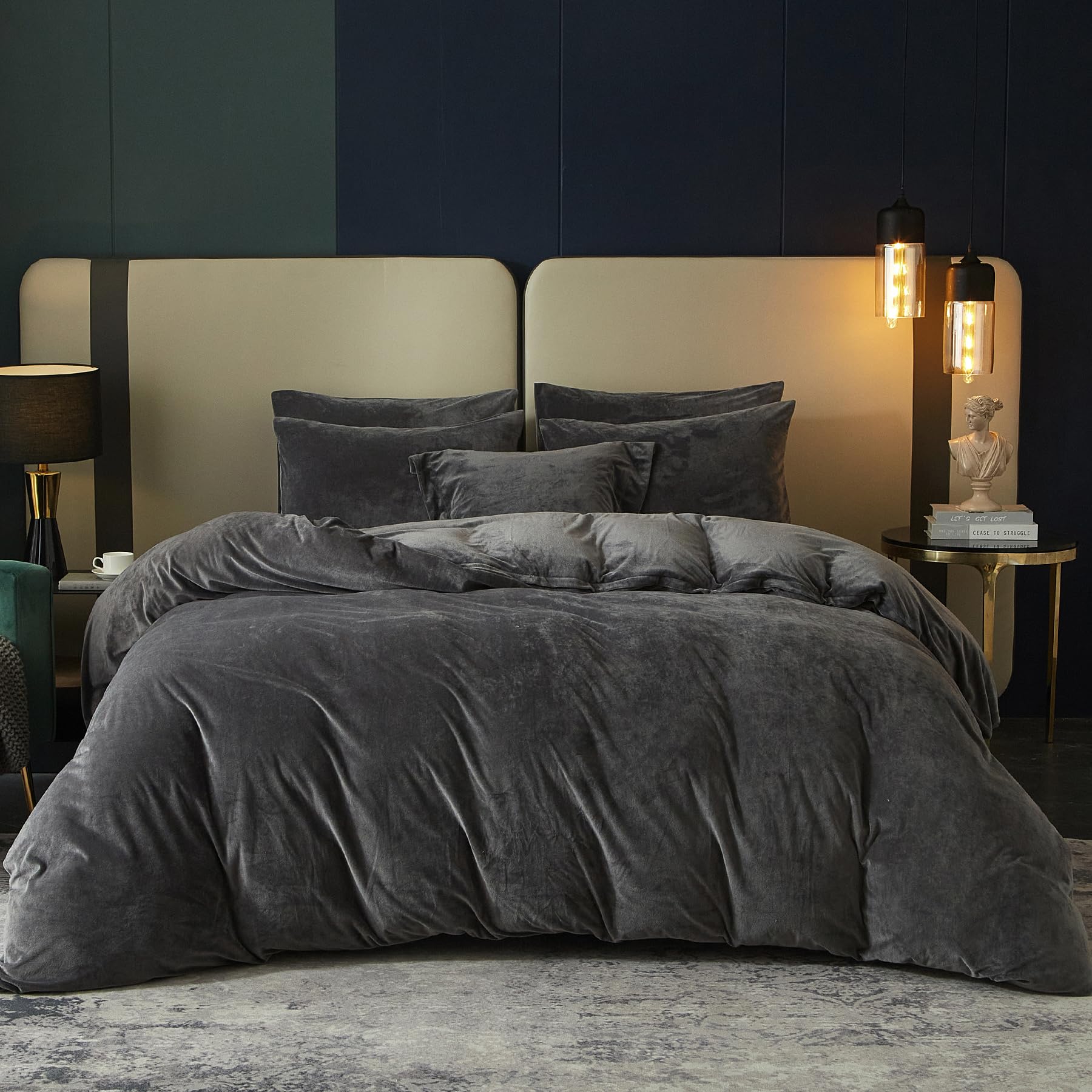 SE SOFTEXLYLuxury Velvet Twin Duvet Cover Set - 2-Piece Bedding Collection Ultra Soft Comforter Cover with Breathable Flannel, Includes Pillowcase - 68" x 90" Charcoal Grey