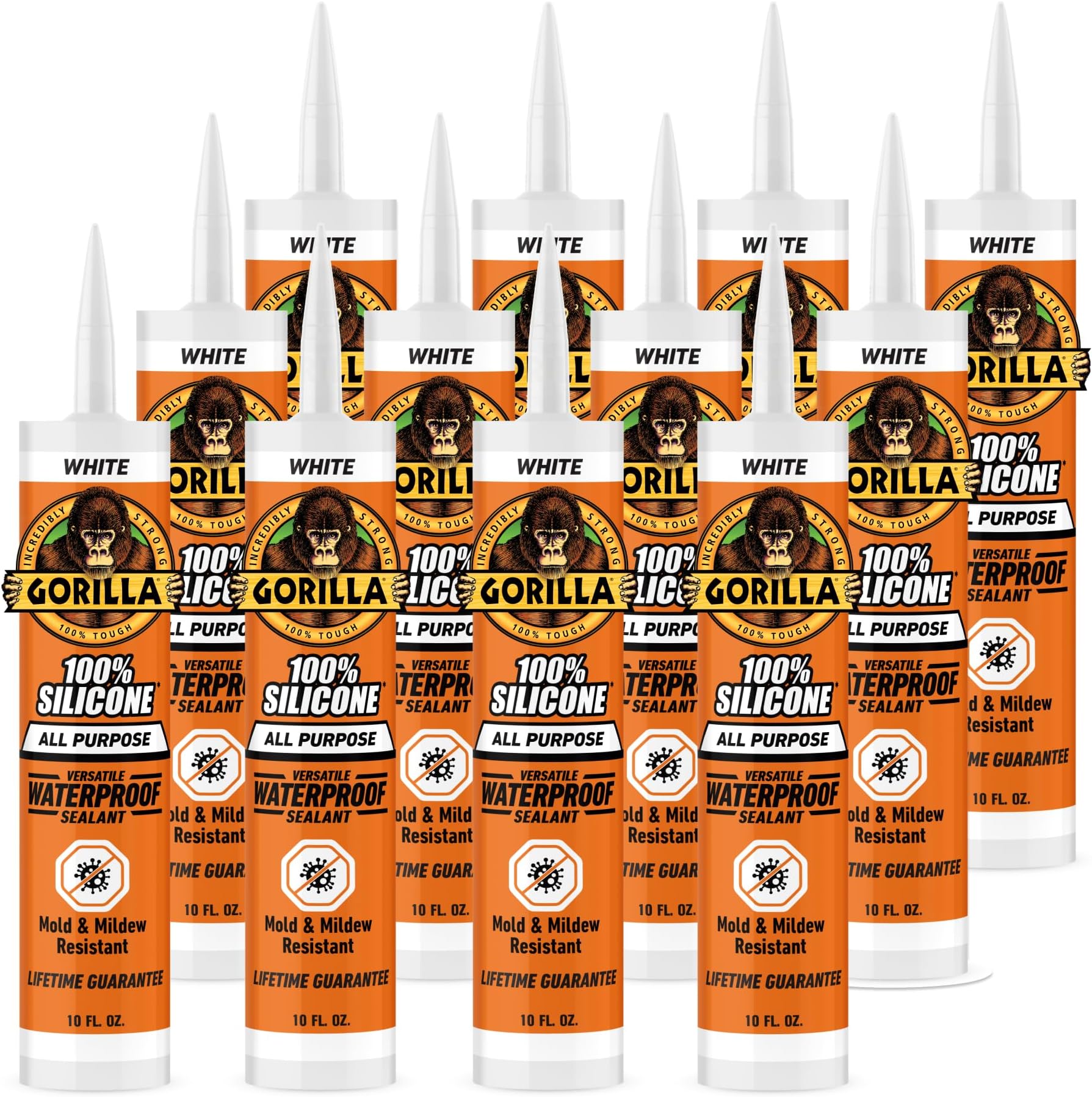 Gorilla 100% Silicone Sealant All Purpose, 10 Ounce Cartridge, White (Pack of 12)