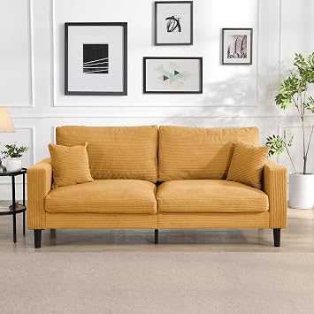 Loveseat Sofa for Living Room, 74" Comfy Small Couch with Deep Seat, Mid Century Modern Love Seat Couches, Corduroy Upholstered 3-Seater Small Sofa for Bedroom, Small Spaces, Orange