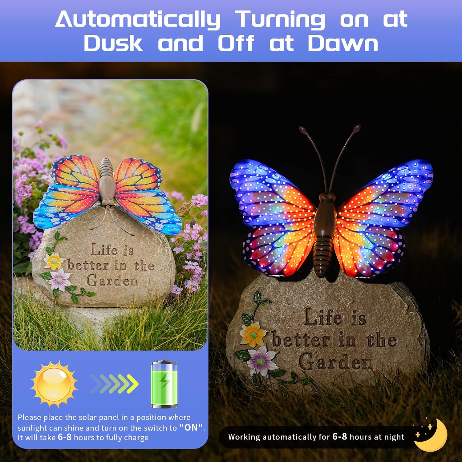 Condition photo showing New/Like New for solar led butterfly garden statue with sparkling light-up wings - outdoor yard patio decor figurine, for women mom grandma (orange)