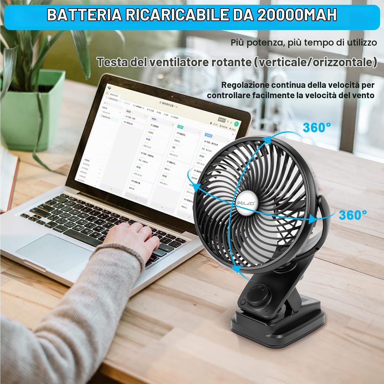 ELZO Ventilatore da scrivania USB a clip, 20000 mAh, ricaricabile a batteria, luce LED, rotazione a 360°, velocità continua, super silenzioso, portatile, per ufficio, passeggino, auto, campeggio