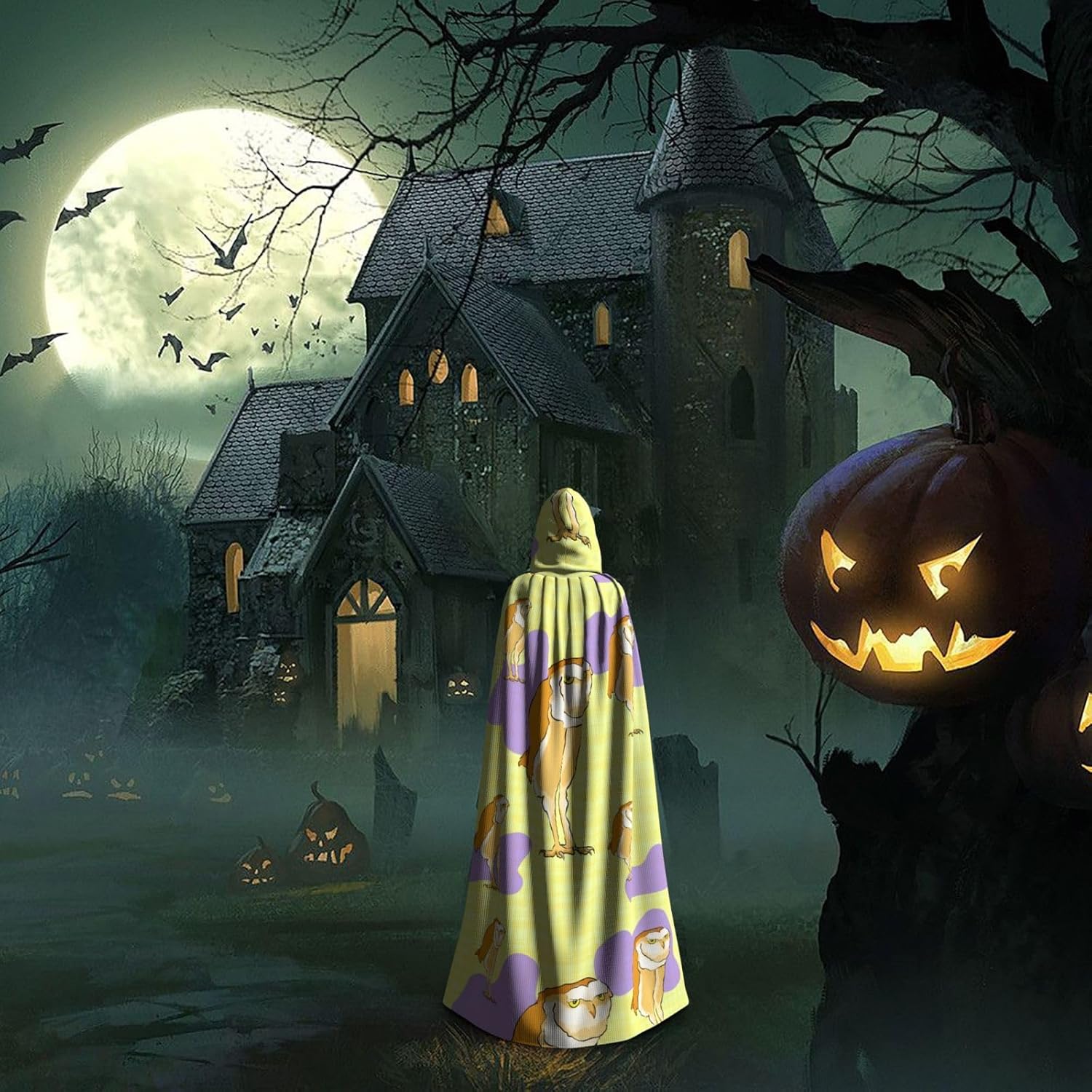 Standing Owl Men Women Halloween Role Play Party Decoration Hooded Poncho Black