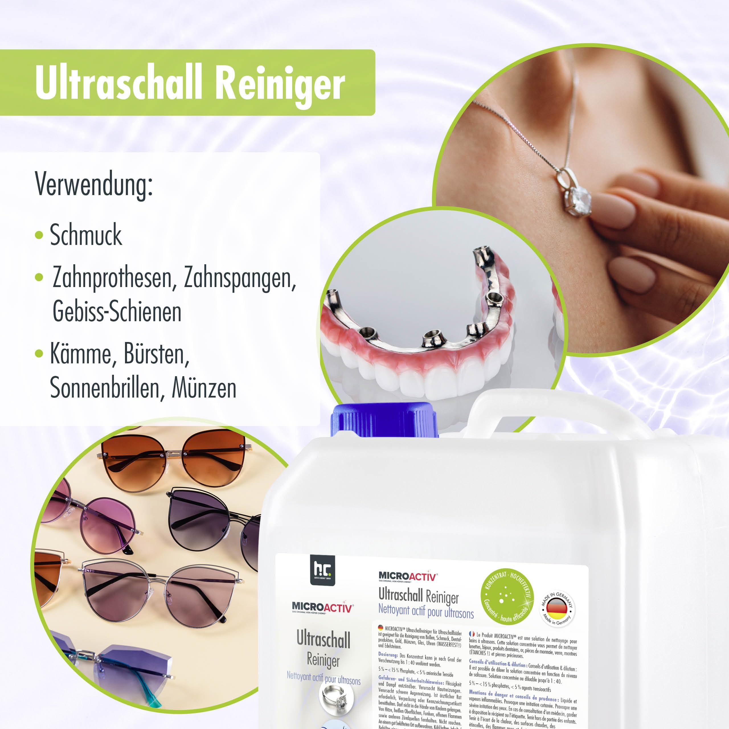 Microactiv Ultraschallreiniger 5 L | Hochwirksames Reinigungsmittel, Für Schmuck, Brillen, Dental- & Metallteile, Konzentrat bis 1:40 verdünnbar