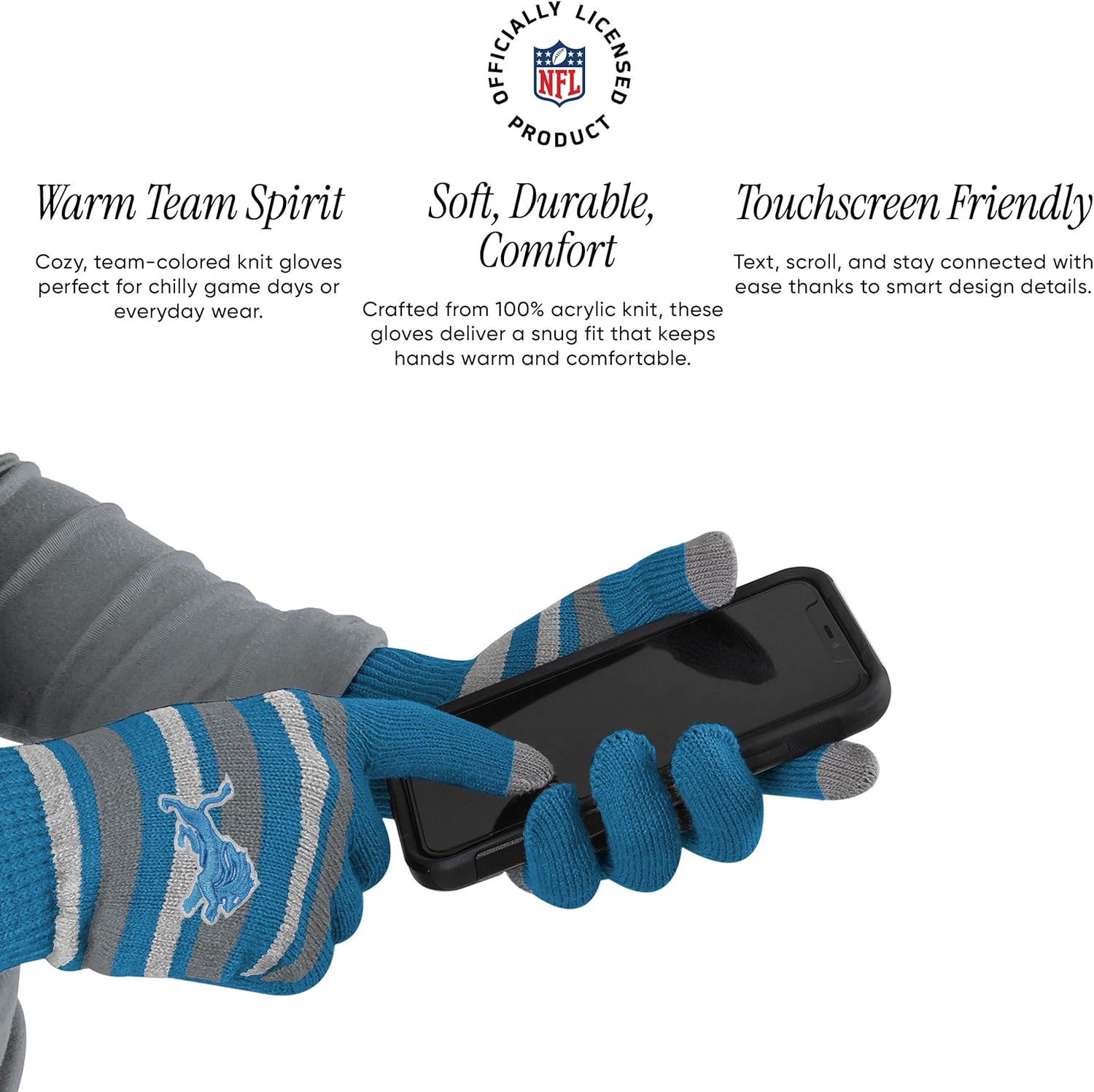 FOCO NFL unisex-adult Nfl Team Logo Adult Stretch Gloves With Big Wordmark Strip Pom Knit Hat Beanie Set - Image 4