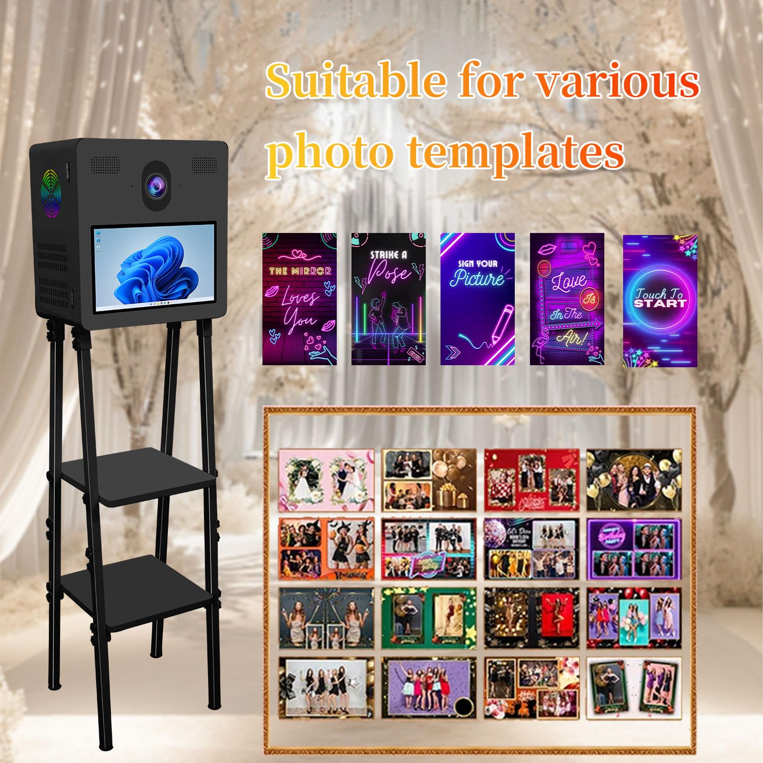 Appareil photo reflex numérique à double écran avec écran tactile de 15,6" pour selfie de fête de mariage, prend en charge la connexion de deux appareils photo et imprimante, boîte photo multifonction