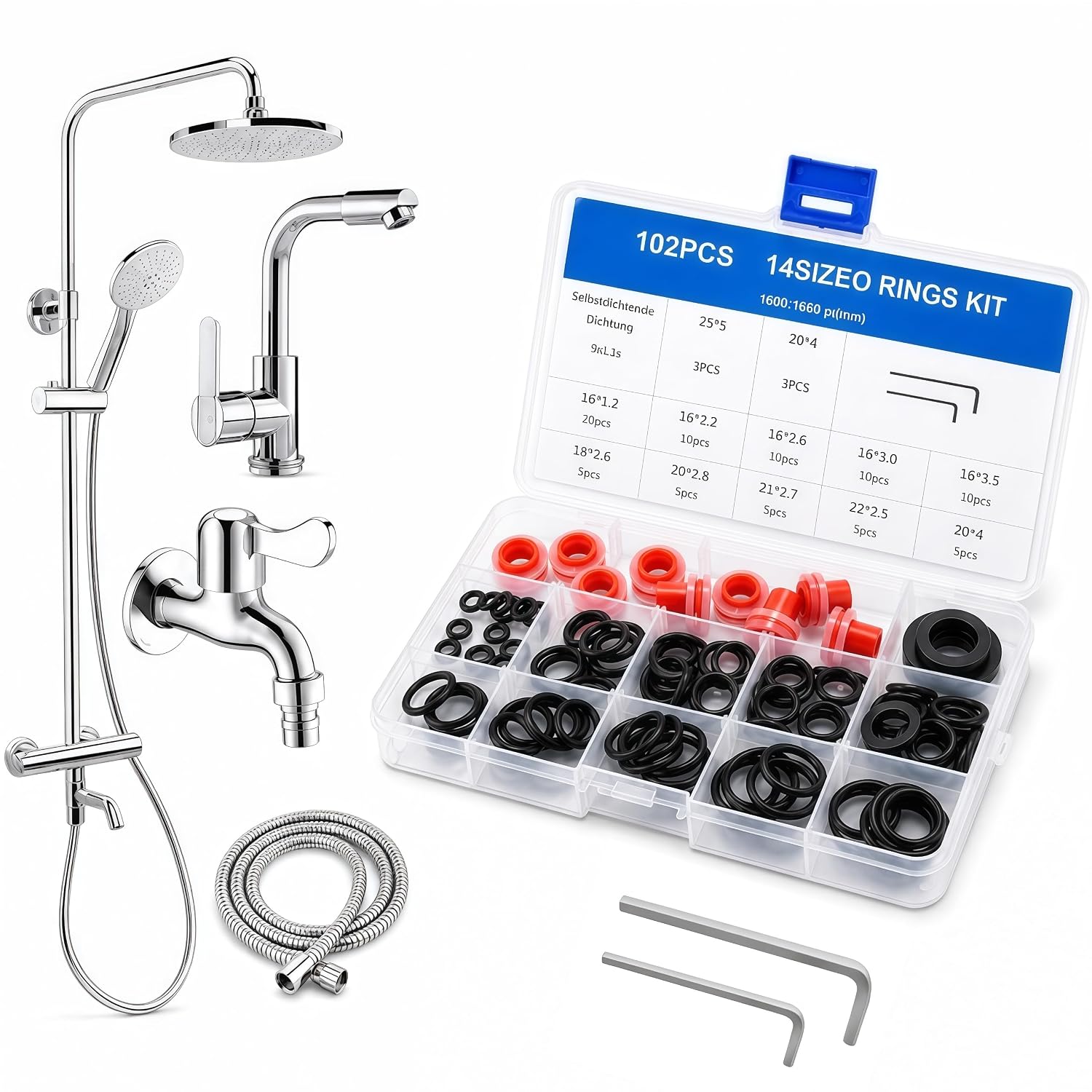 102-Piece O-Ring Seal Set with Assortment Box & Tool - Rubber Sealing Rings for Tap, Shower and Pipe - Sanitary Repair Kit for Kitchen and Bathroom