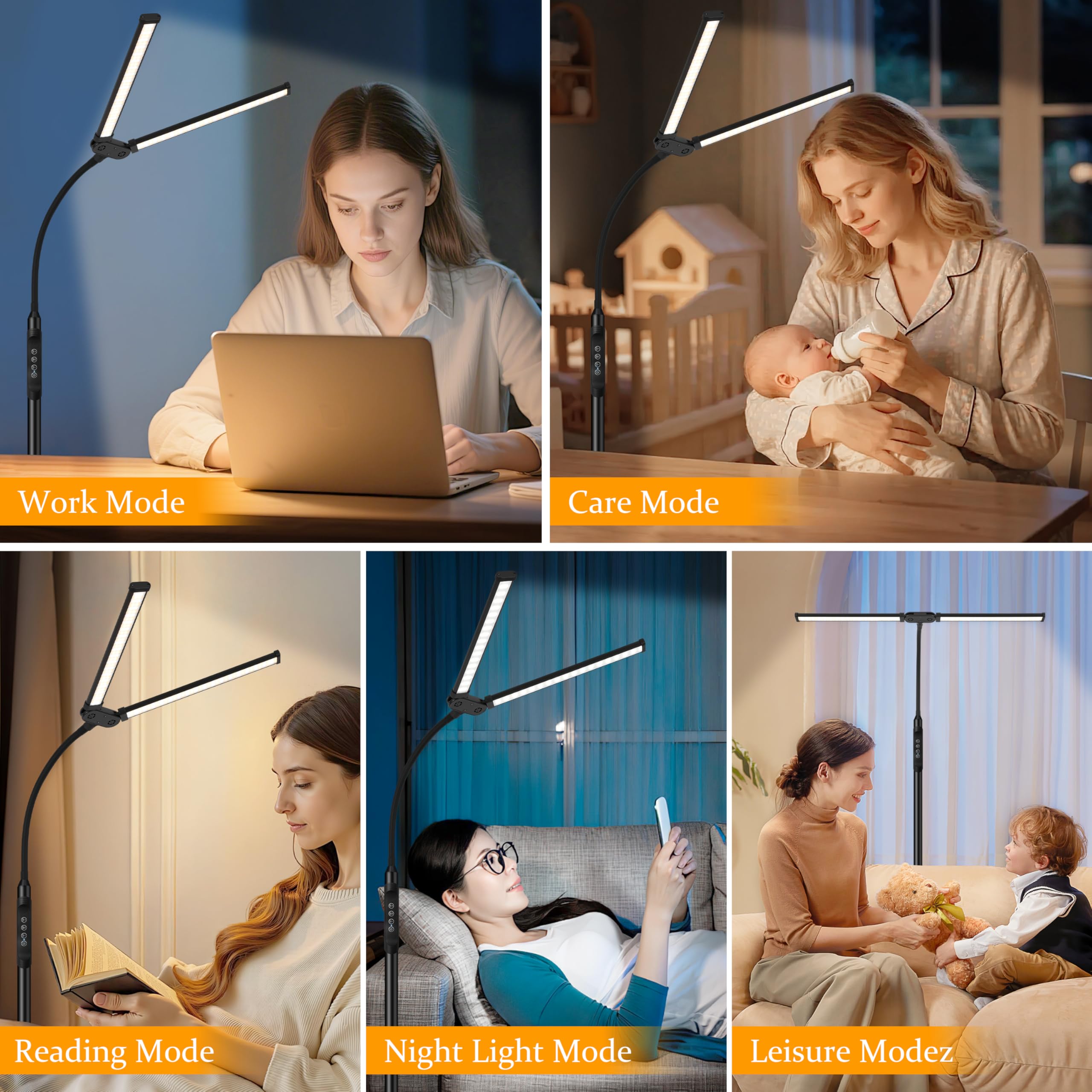 Doppelkopf LED Stehlampe 18W, 3 Farbtemperaturen 10 Helligkeitsstufen, Magnet-Fernbedienung, verstellbarer Schwanenhals, integrierte Kabel, USB-Augenschutzlampe für Wohnzimmer und Büro