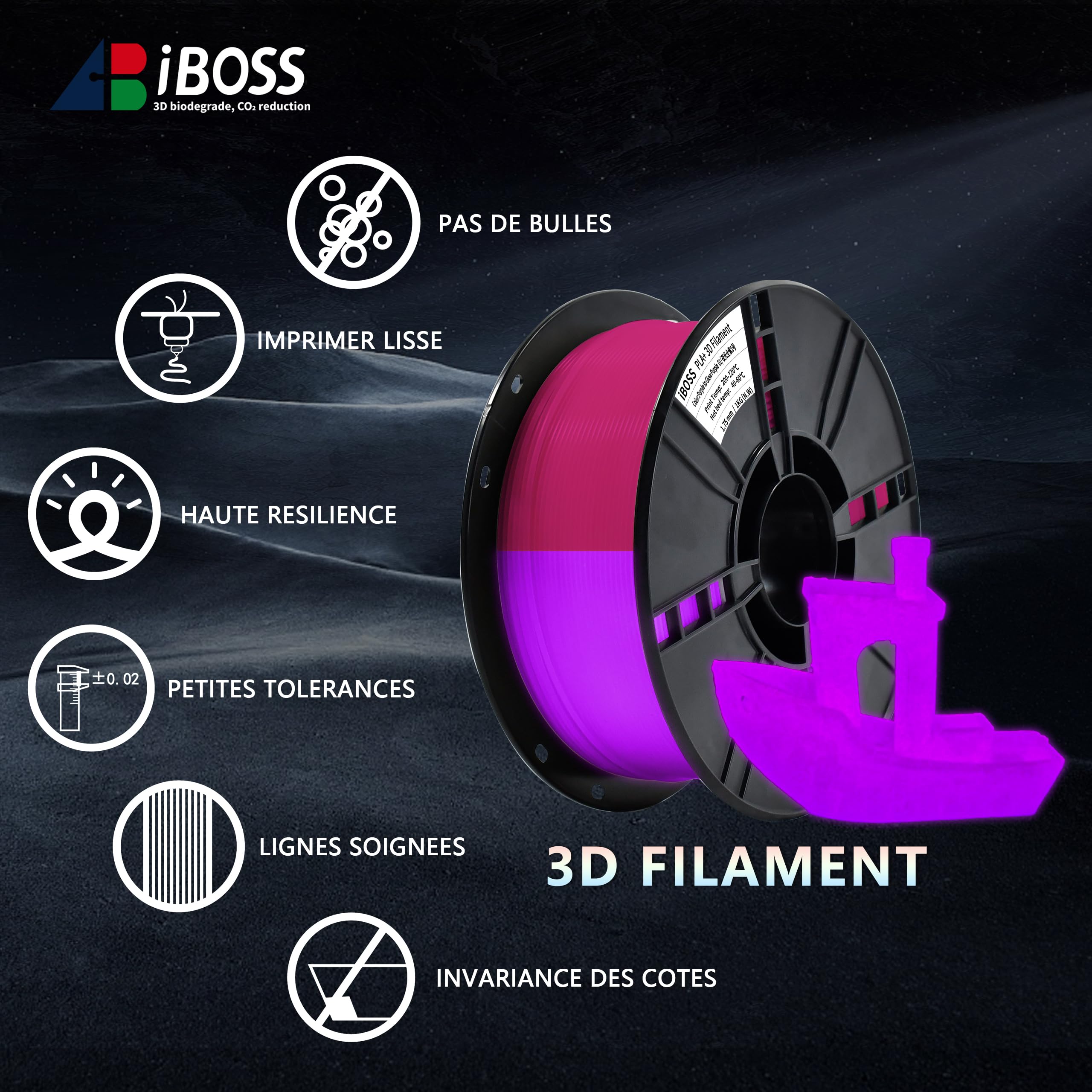 iBOSS PLA+ Filament PLA PLUS, drukarka 3D Filament PLUS, dokładność wymiarowa 1,75 mm +/- 0,02 mm, 1 kg, 2,2 funta, jasny fioletowy