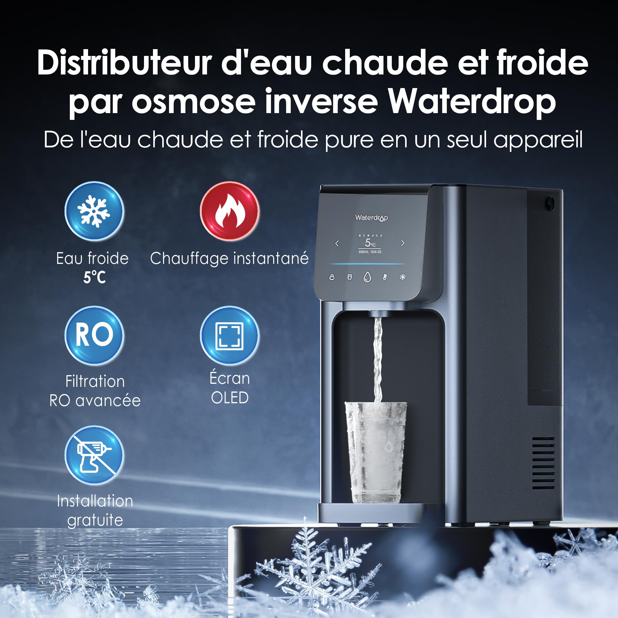 Waterdrop WD-A1 Système d'Osmose Inverse de Comptoir, Distributeur d'eau Chaude et Froide, Norme NSF/ANSI 58, Refroidisseur d'eau sans Bouteille, 6 Réglages de Température, 2:1 Pure à l'Égouttage