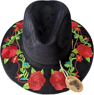 Womens Mexican Handcrafted Sombrero, Hand Painted Straw hat, Black Felt with Handpainted Floral Design, Wide Brim, Adjustable Unisex