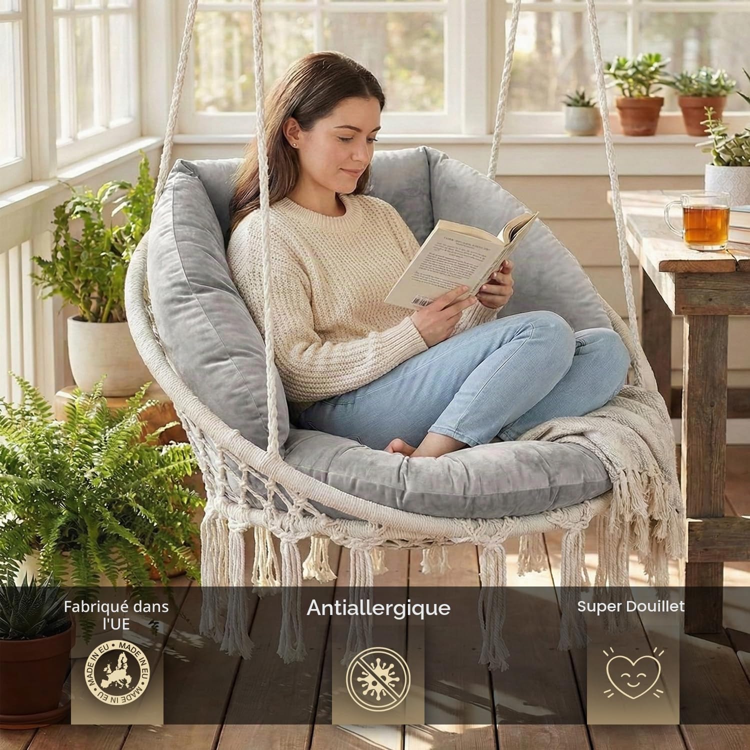 SuperKissen24. Coussin de Fauteuil Suspendu - Coussin Fauteuil Jardin - Oreillers de Oeuf Suspendu - Coussin Rond - Oreiller Moelleux - Argent