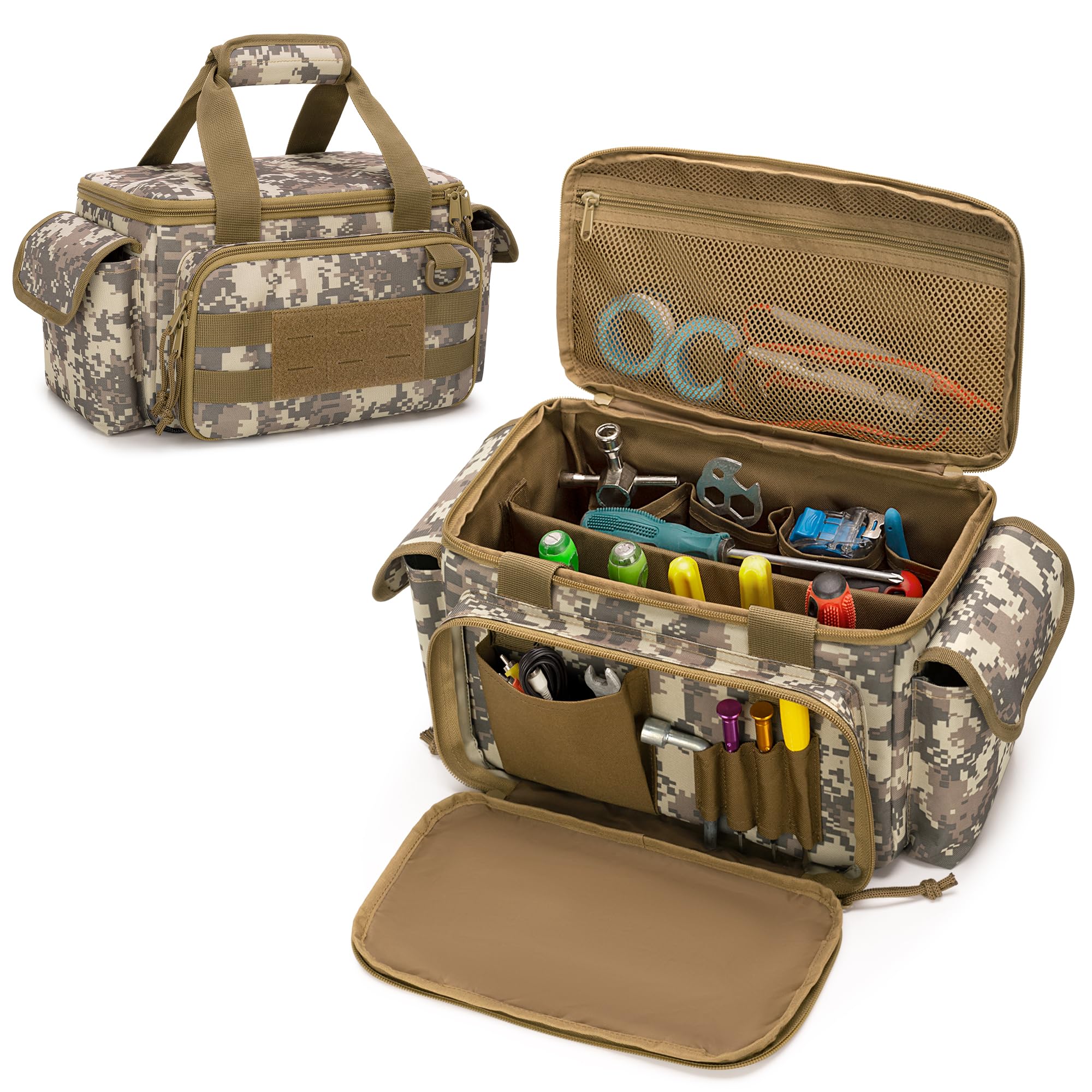 Small Tool Bag with Anti-friction and Thick Padded Bottom, Tool Storage Organizer for Men, Tactical Range Bag, Multi-functional Work Bag for Repairman, Electrician, Carpenters (Camo)