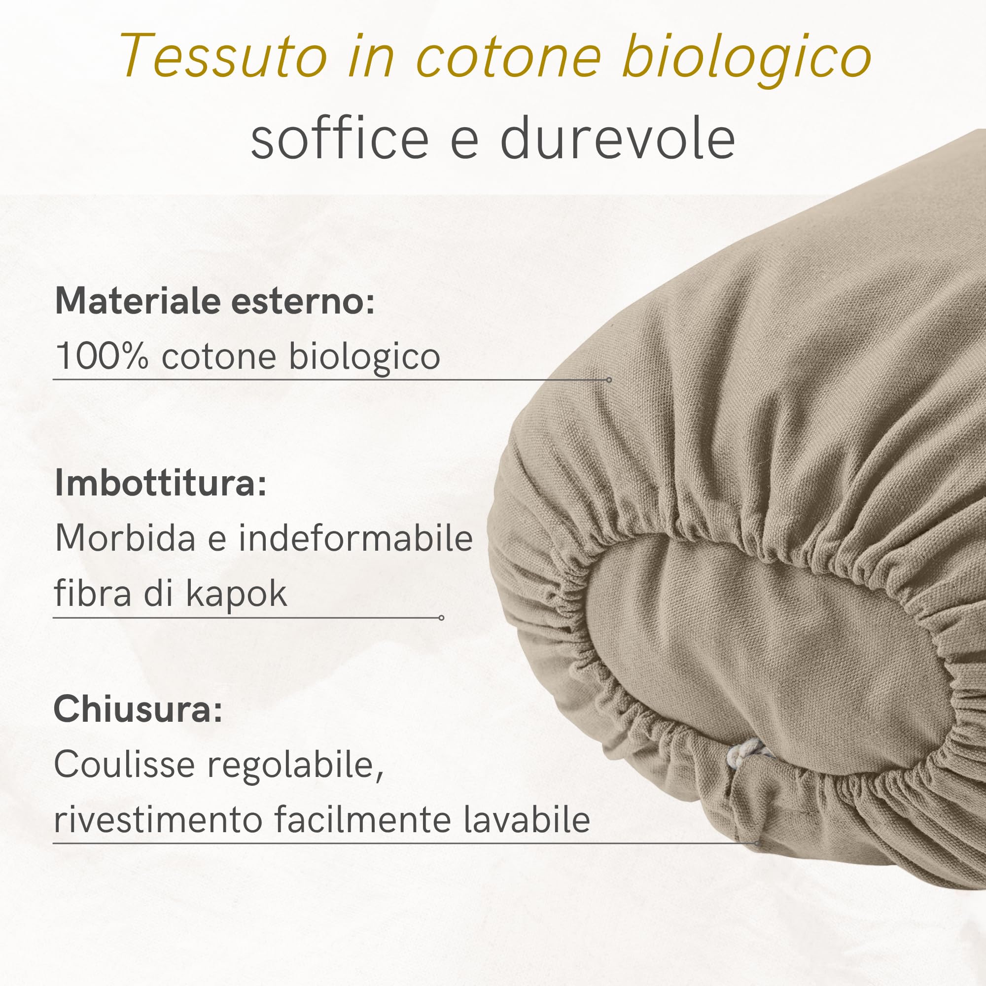 LOTUSCRAFTS Cuscino Yoga per Yin Yoga, rullo, fodera lavabile in cotone biologico, cuscino con imbottitura in kapok, rullo pilates, cuscino da meditazione