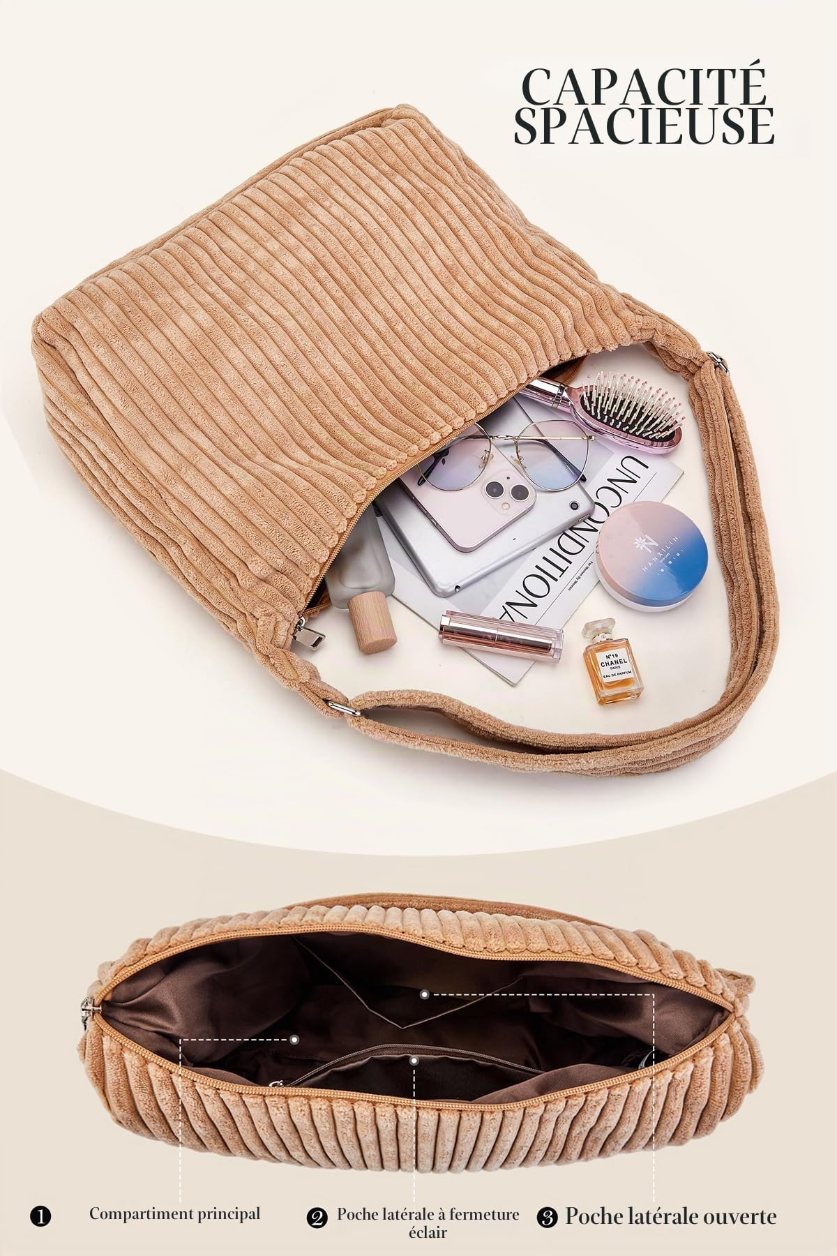Ulisty Sac besace en velours côtelé avec bandoulière réglable pour femme