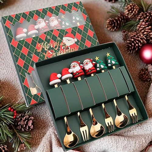 Miniatura 10 de Juego de 6 cucharas de Navidad, tenedores de acero inoxidable, cucharas de postre de acero inoxidable, cucharas de postre de sopa, cucharas de té,