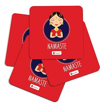 Indigifts Tea Coaster for Dining Table Set of 4 Piece - Red Namaste Designer Tea Coasters for Office, Home and Kitchen