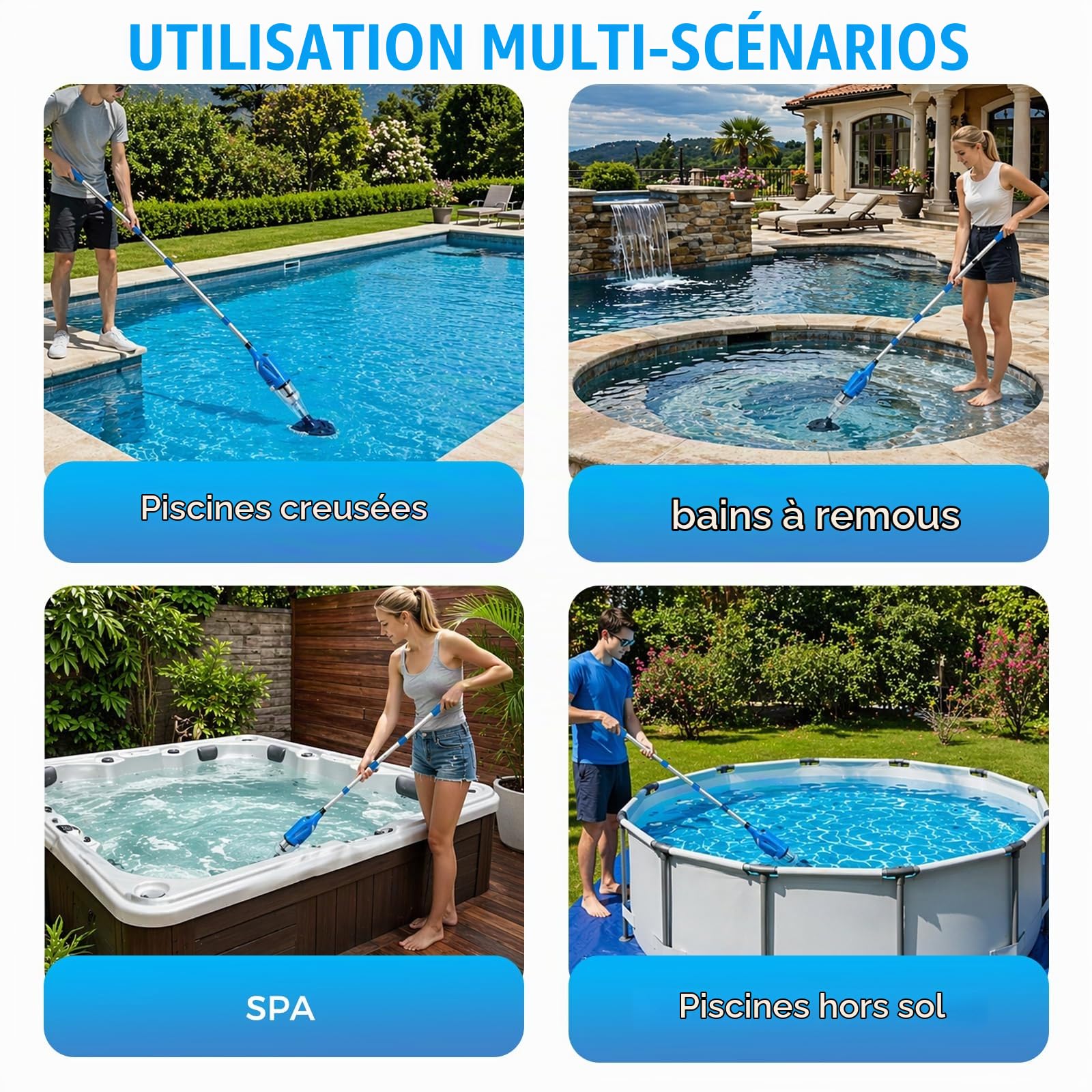 Aspirateur Piscine sans Fil, 80 Mins d’Autonomie, Perche Télescopique 188cm, Puissance d'Aspiration Jusqu'à 7200L/H, Aspirateur Piscine pour Bains à Remous, Spa, Piscine Hors-Sol, Bleu