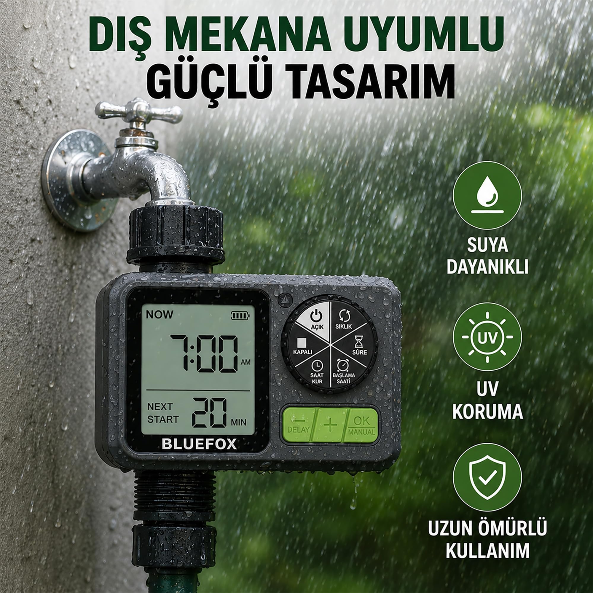 Bluefox Dijital Sulama Zamanlayıcı – Programlanabilir Bahçe Sulama Cihazı, Otomatik Hortum & Musluk Tipi Timer, LCD Ekran, Manuel Mod + Rain Delay, 3/4 Bağlantı, Pilli Dış Mekan Sulama Kontrol Cihazı