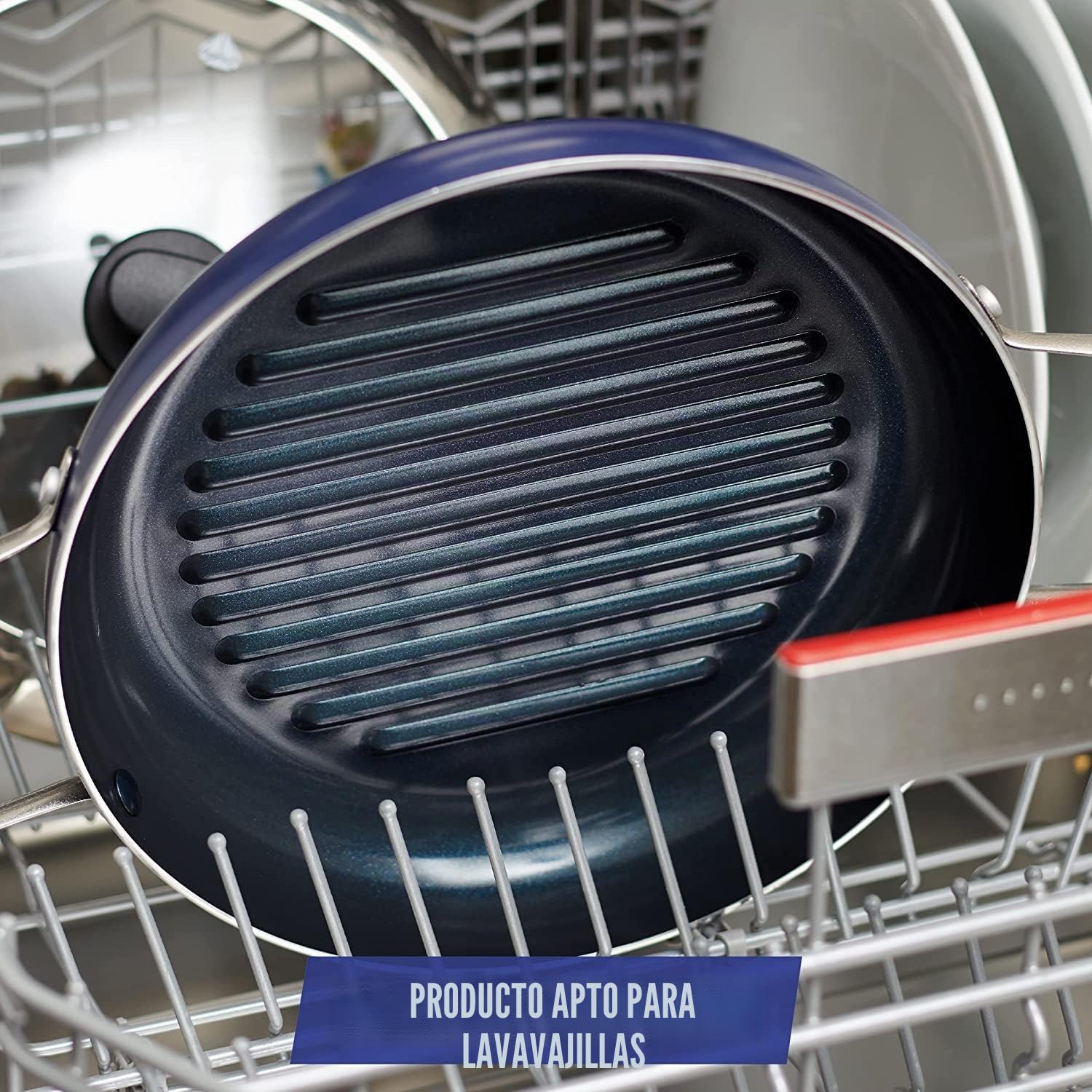 Blue Diamond Cookware Sartén Grill Cerámica Antiadherente Infusionada con Diamante de 28 cm con Tapa de Cristal, Sin PFAS, Para Asar, Barbacoa, Apta para Horno, Azul