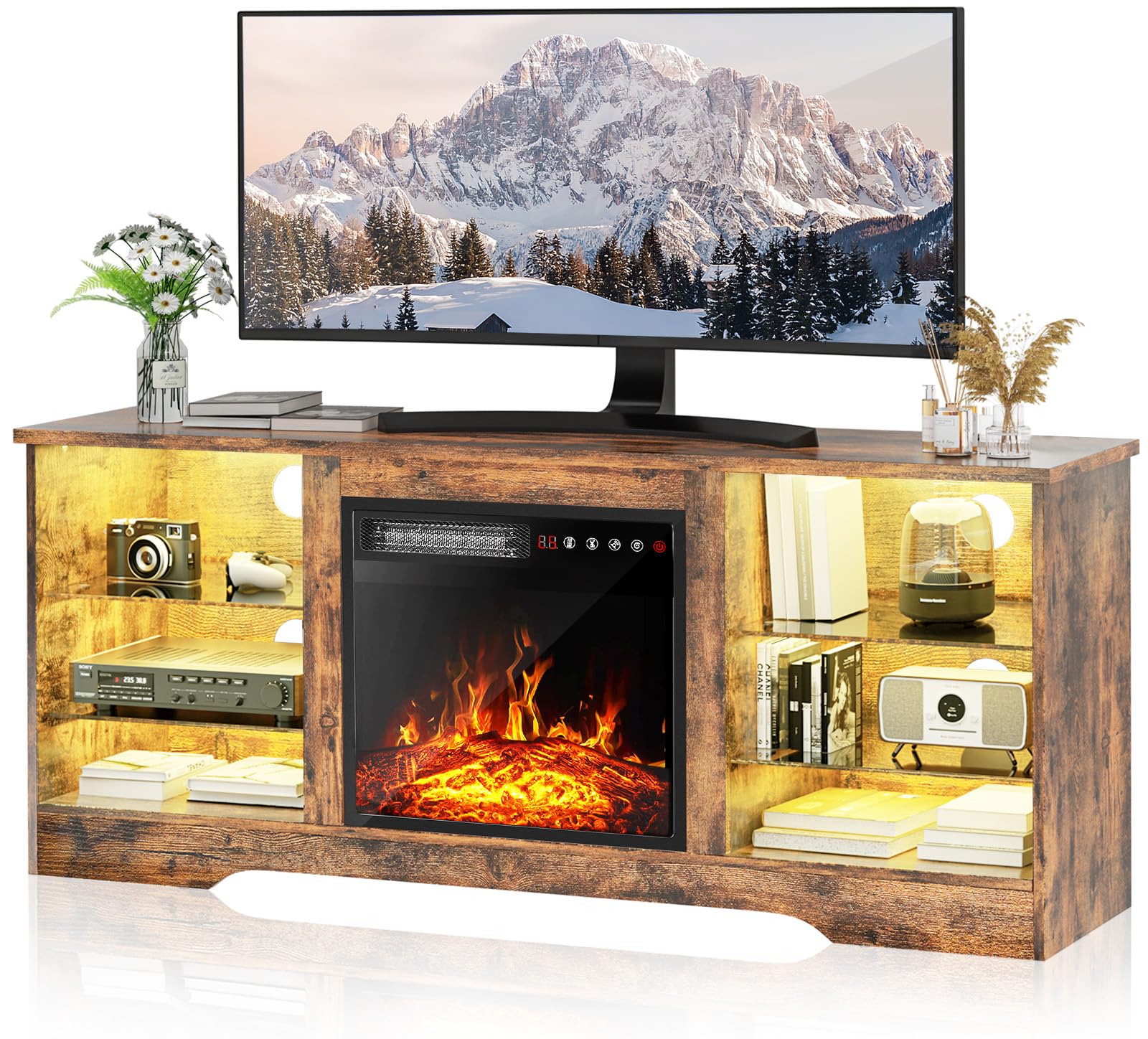 PUKAMI Fireplace TV Stand with 18" Fireplace for Living Room,58" Entertainment Center with Leg Lights,Modern Storage Console Cabinet for TVs Up to 65"