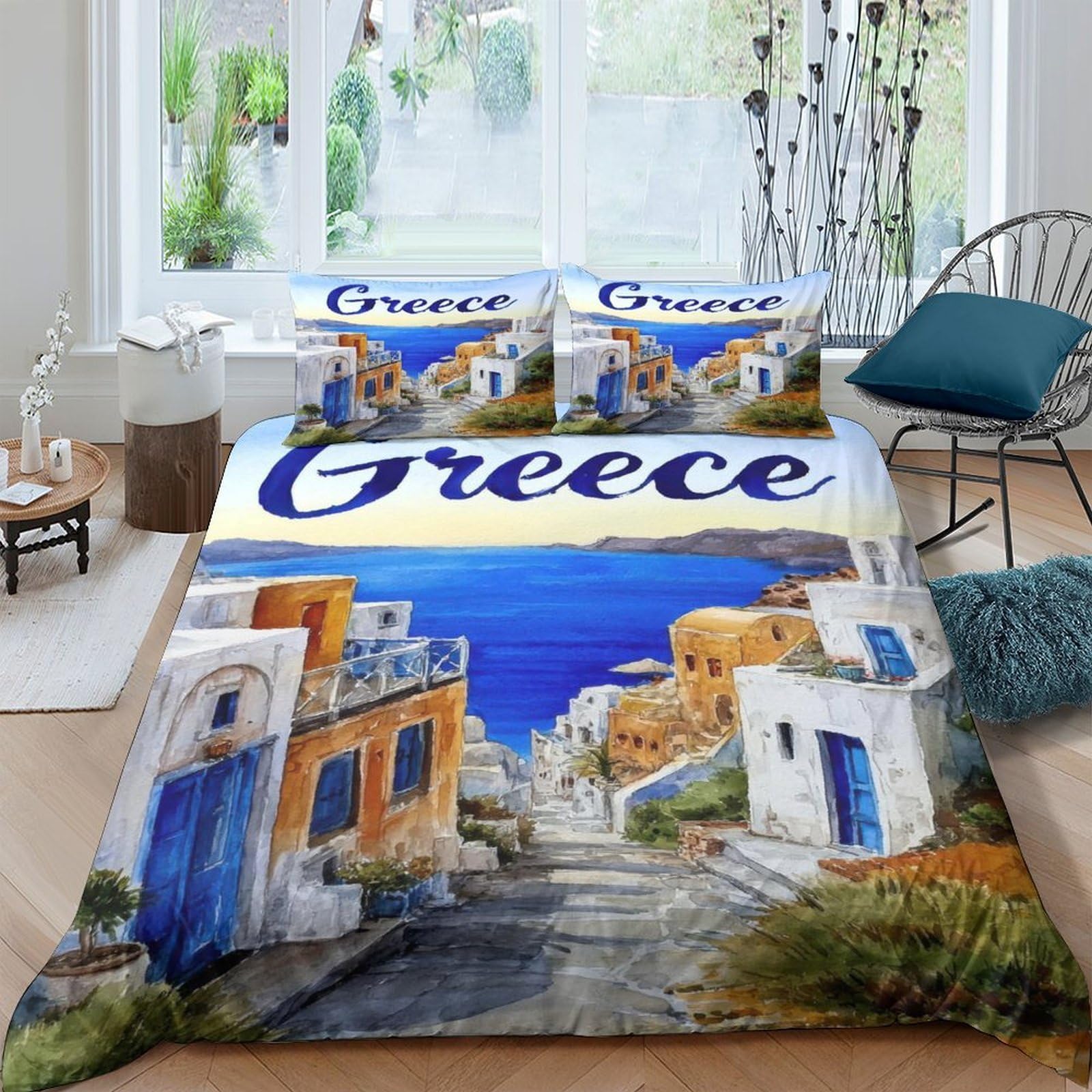 Ctjqhvkz Style-10 3D Printed Greece Coast Fitted Sheet Microfiber Soft Scenic Santorini Bed Cover For Bedroom Guest Room Decor Single（135X200cm）
