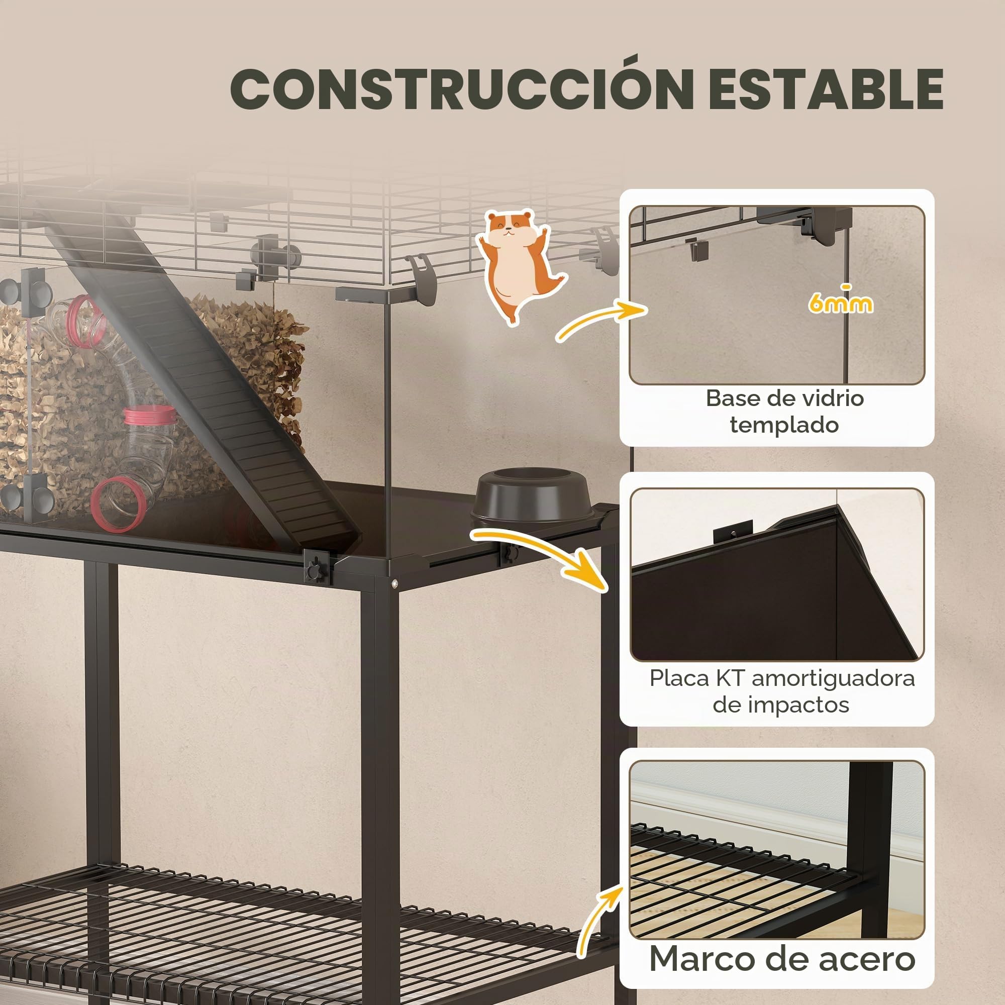 PawHut Jaula para hámster con ruedas de 3 niveles, jaula para roedores y animales pequeños con sistema de tubos, cabaña, rampas, comedero y accesorios, jaula para ratones, jaula para hámster enano, 77
