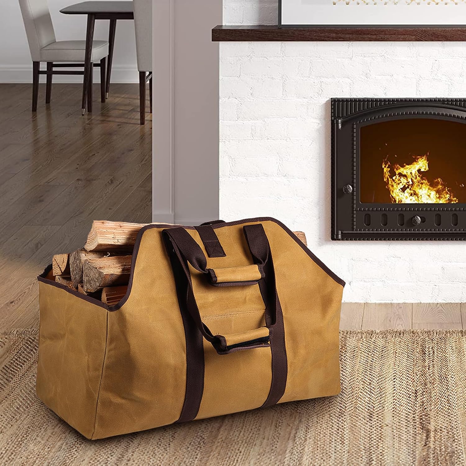 Firewood Carrier Bag Waxed Canvas Waterproof Extra Large Log Carrier Holder Freestanding Tote Bag for Firewood