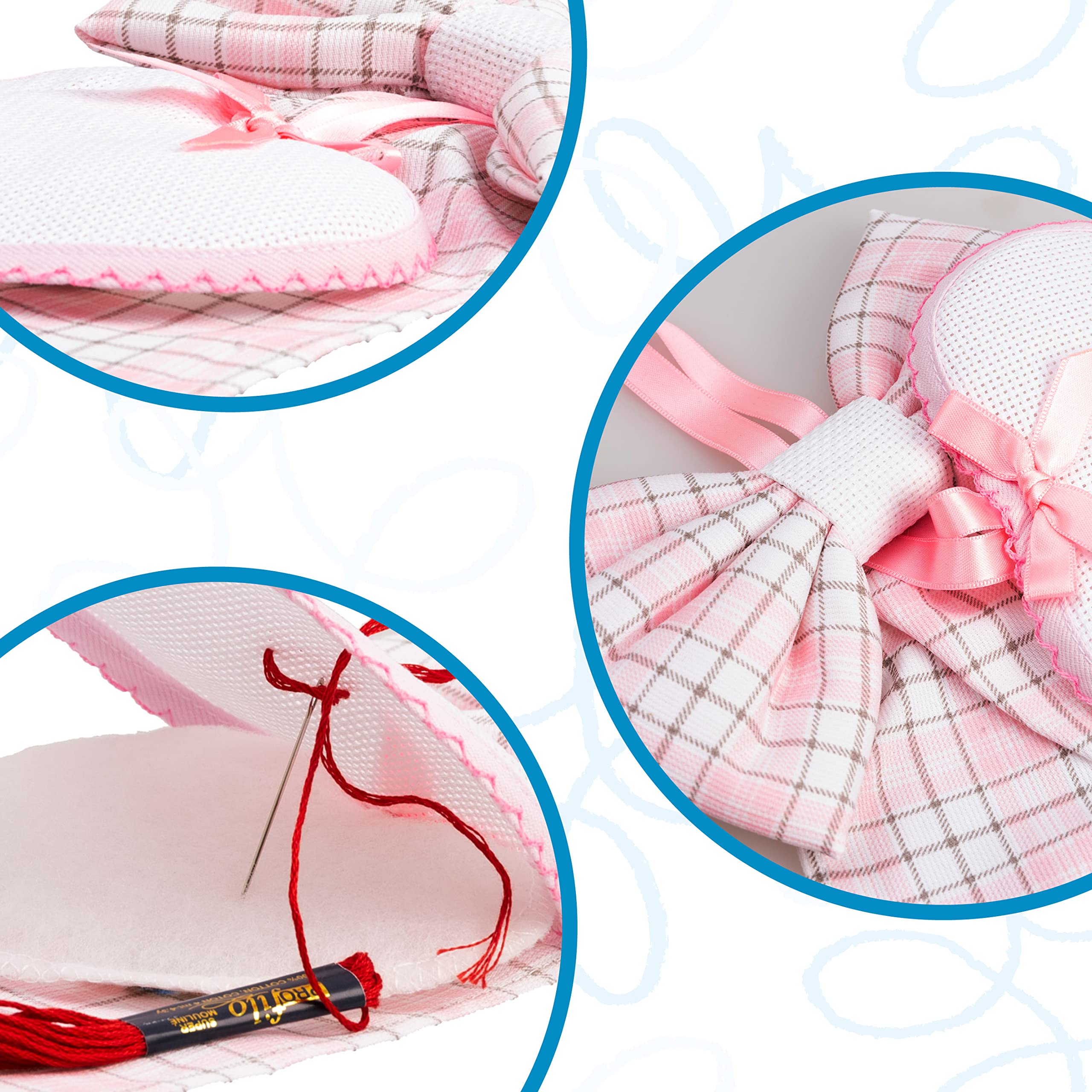 Roze geboortestrik met hartvormige hanger van Aida-stof met