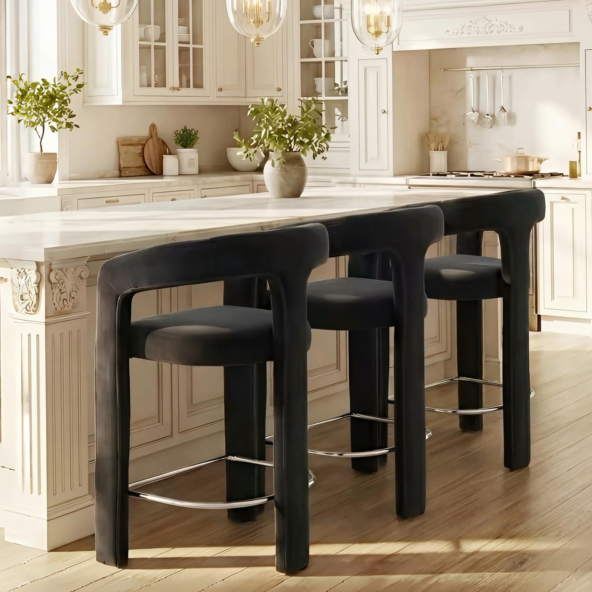 HNY 26 Inch Modern Tall Barrel Bar Stools Set of 3, Velvet Upholstered Barstools with Open Backs, Counter Height Bar Stools Chairs with Armrest for