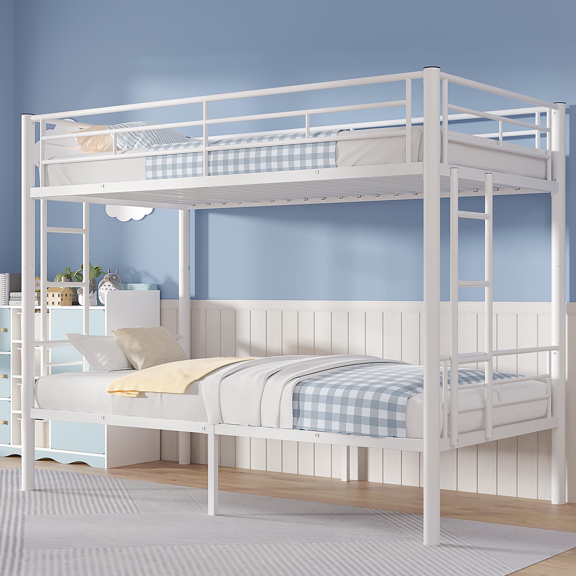 VECELO Bunk Bed Twin Over Twin, Metal Bunkbeds with Ladder and Full-Length Guardrail, White