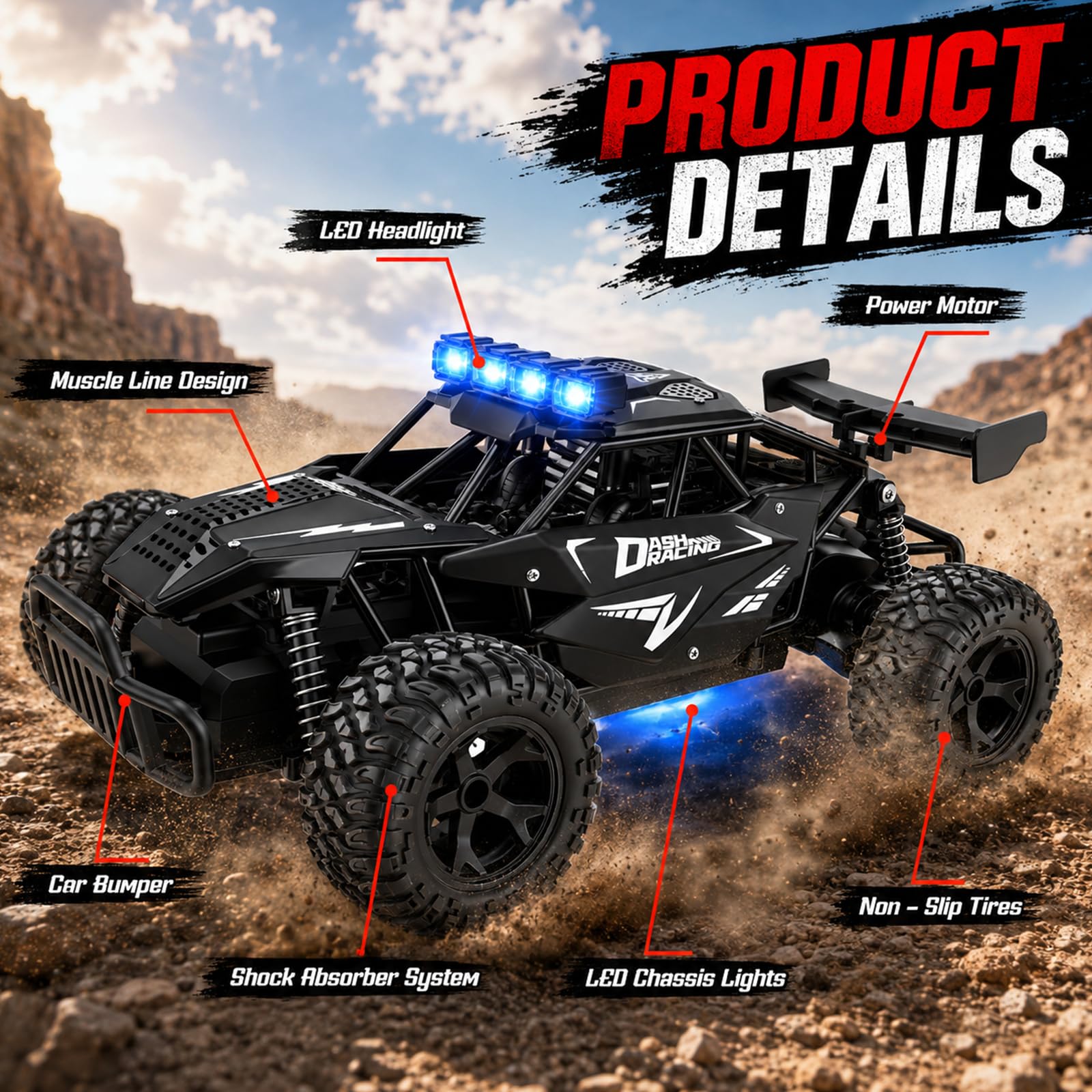 Coche teledirigido Offroad escala 1:12, 500 mAh RC Auto 20-25 km/h con 2 baterías y 50 min de tiempo de reproducción, todo terreno Monster Truck con mando a distancia de 2,4 GHz, juguete para niños a