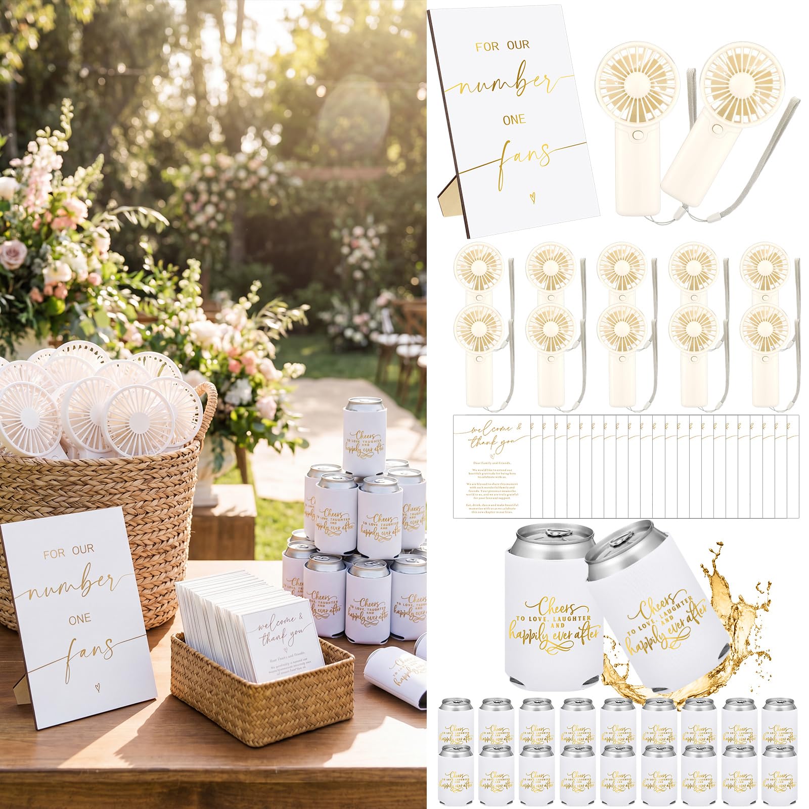Hortsun Mini-Handventilator-Set für Hochzeit, Großpackung für Gäste, tragbar, persönlich, kleine Fächer, Dosenkühlerhüllen mit 1 Holz-Tischschild für Sommer, Verlobung, Brautparty, Gastgeschenke