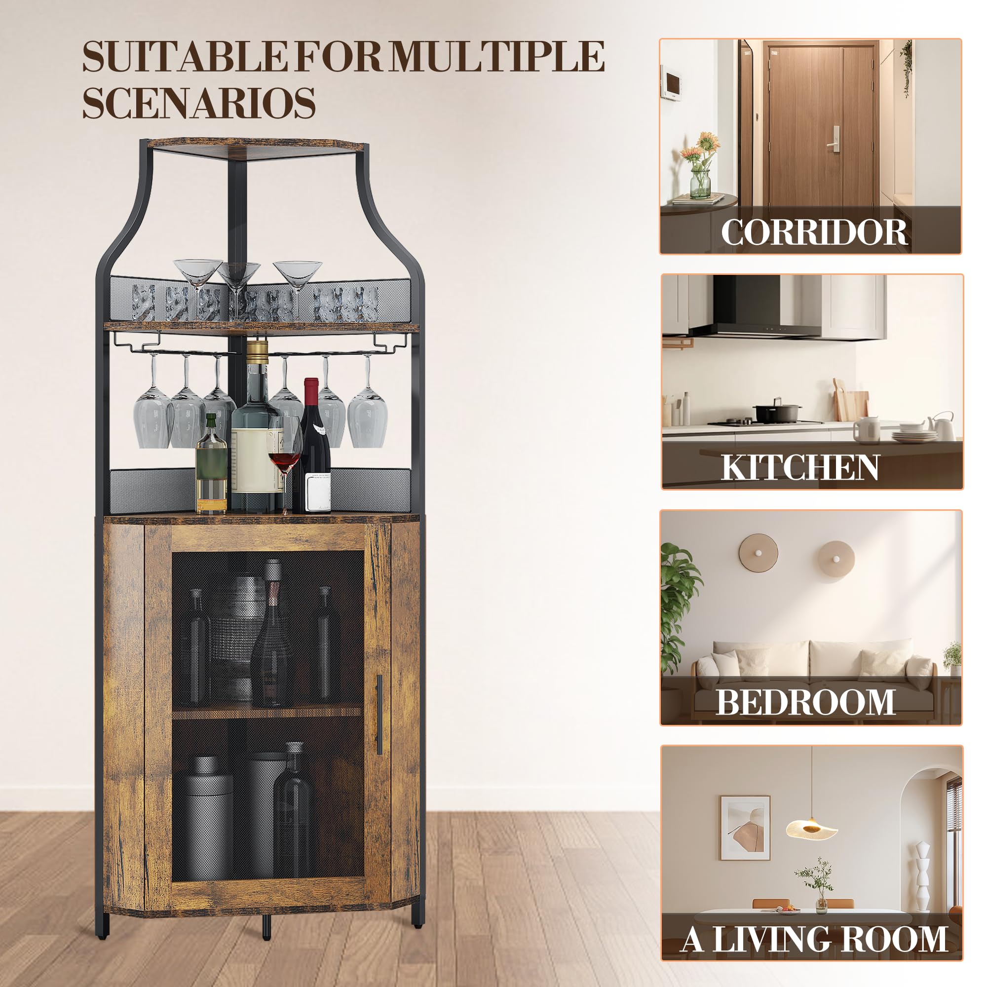 Litake Eckbar-Kommode, Flaschenregal Mit Verstellbaren Regalen, 5-Schichten Landhausweinkommode Mit Verschließbarem Tür Und Verstellbaren Füßen Für Esszimmer, Wohnzimmer, Küche, Rustikaler Braun