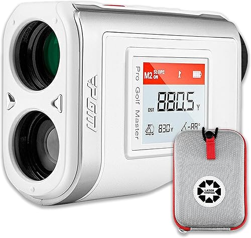 PGM Telémetro de golf con pendiente, buscador de rango de golf de 1300 yardas, buscador de rango láser de aumento 7X Golf con vibración de bloqueo