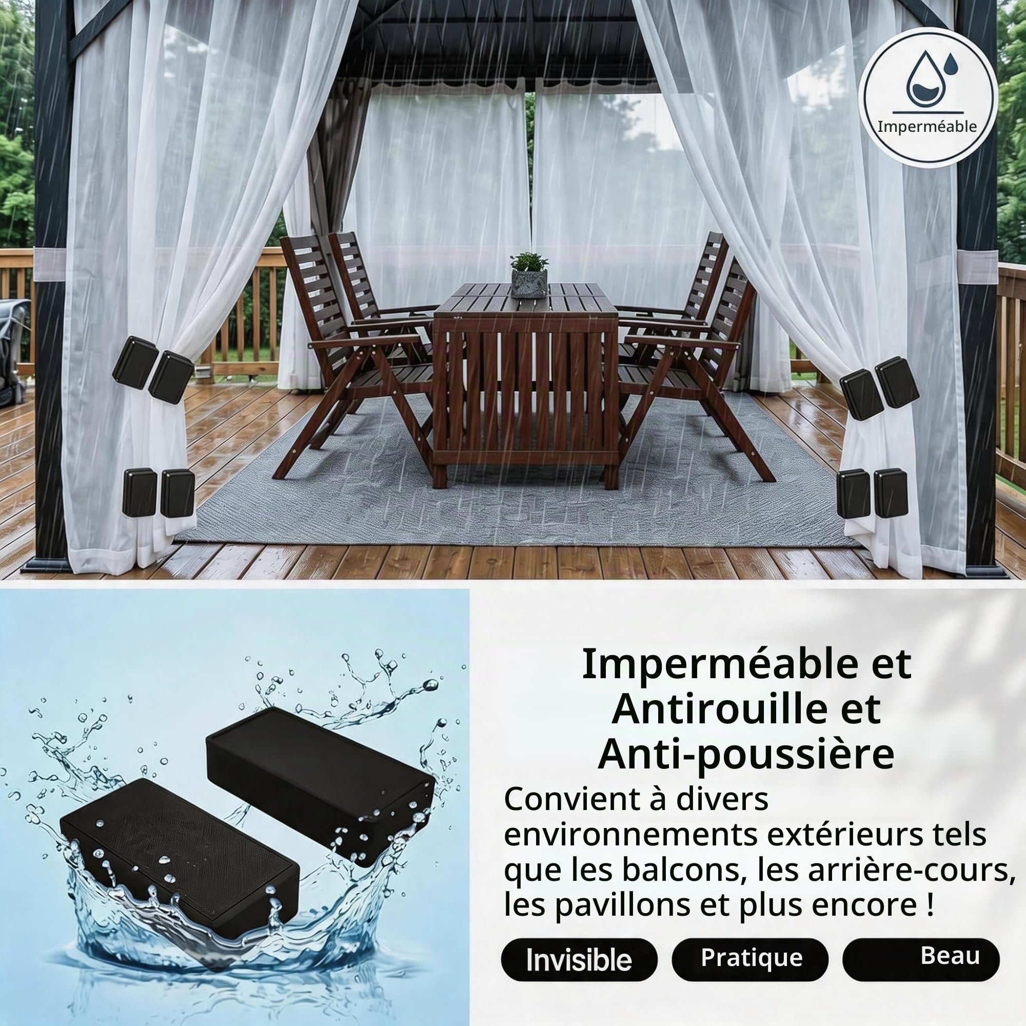 10 Paires Poids Magnetiques Rideau Douche Exterieur, 20 Pièces Aimants Rideau Noir 74g, Poids Plastique Imperméable pour Rideaux d'Extérieur, Tonnelle, Nappe, Anti-Vent