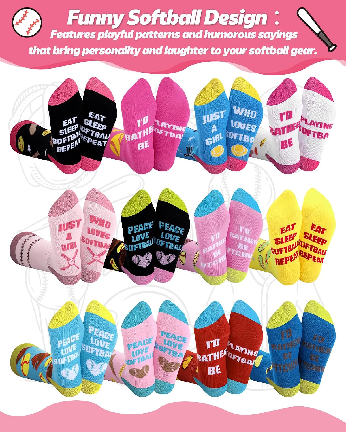 Patelai 12 Pairs Novelty Softball Socks for Women Funny Sport Theme Cotton Crew Sock Bulk Gifts for Softball Lovers Team Players Coach