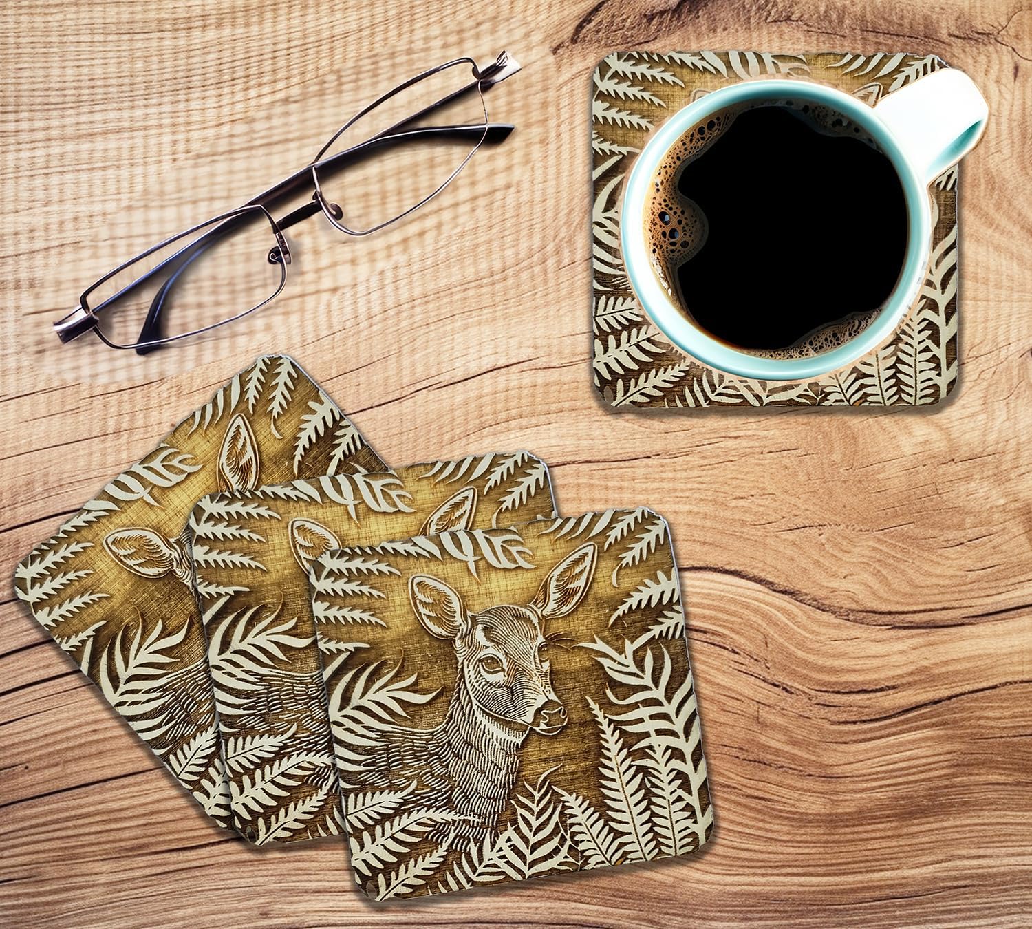 Wildlife Deer Drink Coaster, Rustic Farmhouse Decor, Solid Birch Wood, Laser Engraved Art, 4 x 4 inches