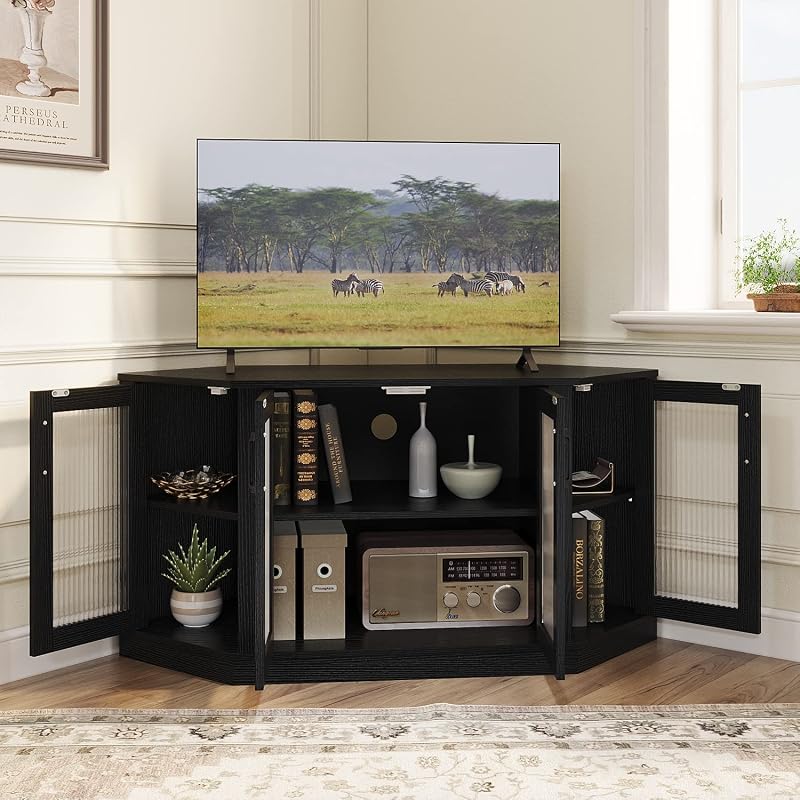 Panana Corner TV Stand - 47 Inch Media Console with 4 Doors and Shelves, Living Room Storage Entertainment Center for TVs up to 51 Inch (Black) image 3