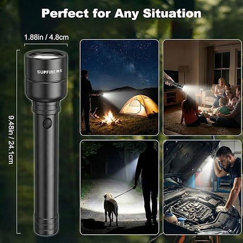 Miniatura 8 de SuperFire Linterna recargable de alto lúmenes de 3000 lúmenes, potente linterna LED con 6 modos, carga USB, IP46 impermeable, indicador de batería