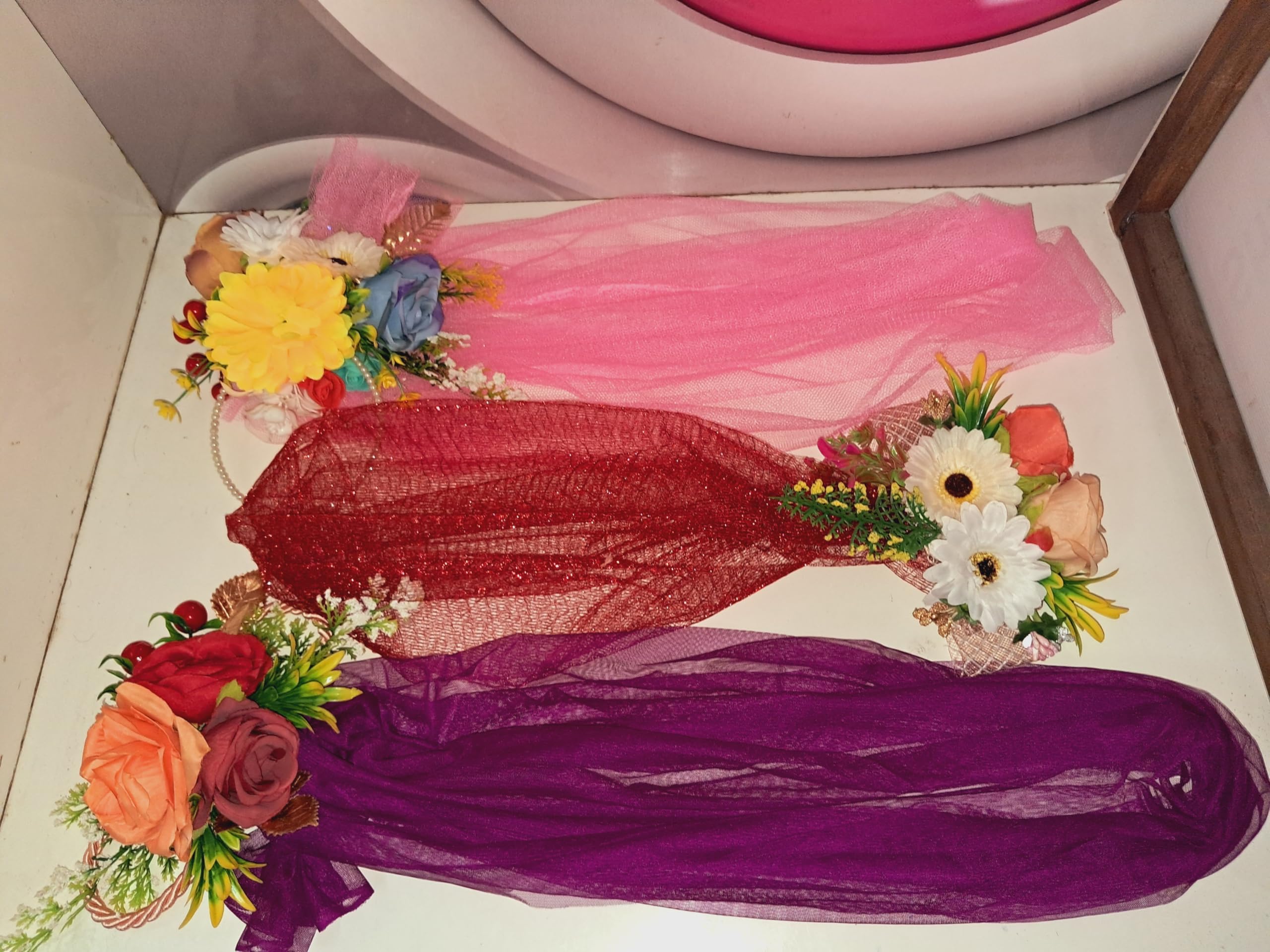 Decorative Net Band with Artificial Flower Bunch for Gift Packing and Wrapping Pack of 3-image-15