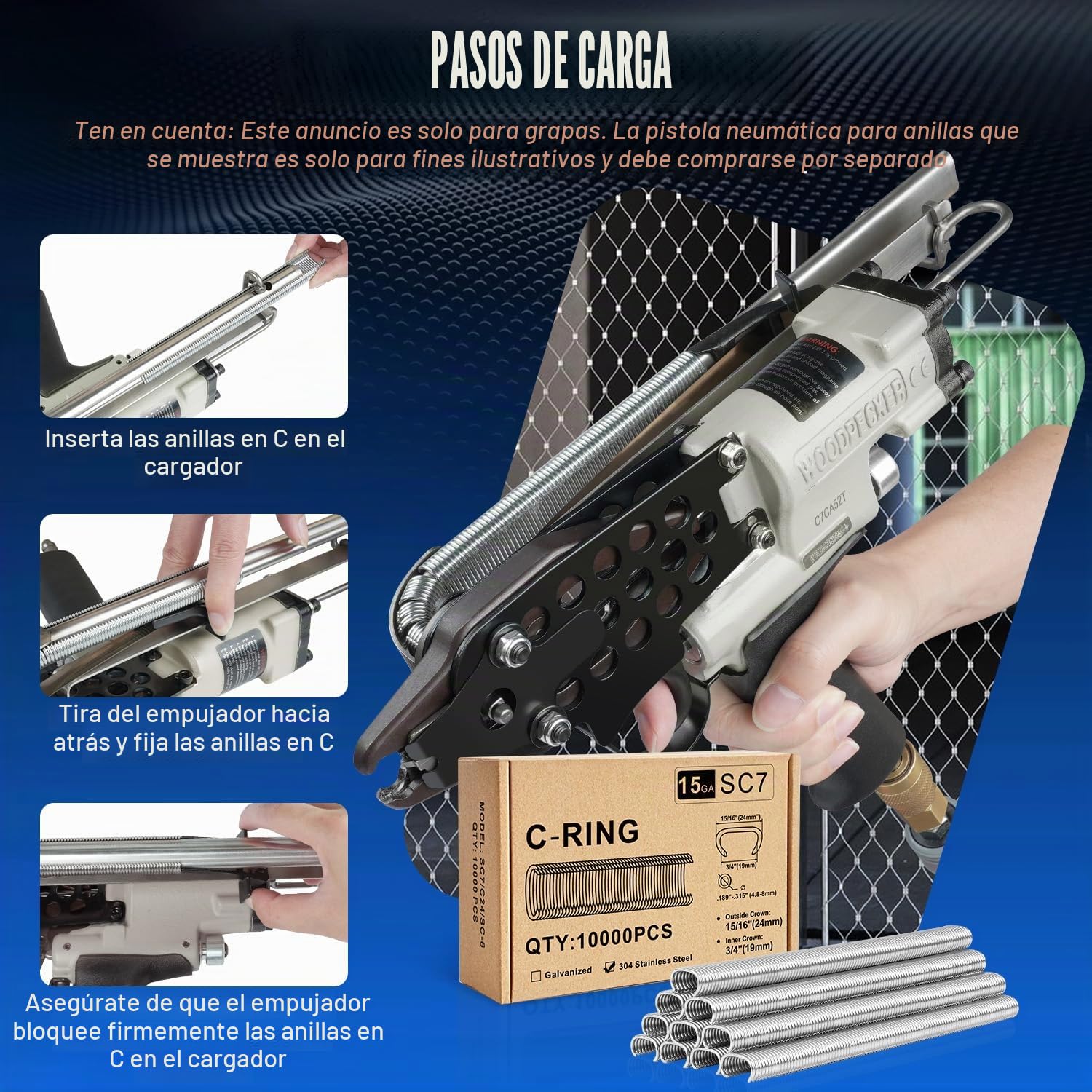 Kamsin K-SC7E Herramienta neumática de anillo de cerdo de calibre 15 con nariz larga, grapas de anillo de cerdo de corona de 3/4 pulgadas (grapas 304SS SC7 (10,000 piezas/caja)) | Corona int. 19mm - ext. 24mm, cierre 4,8-8mm, para pinzas C 15GA, jaulas an